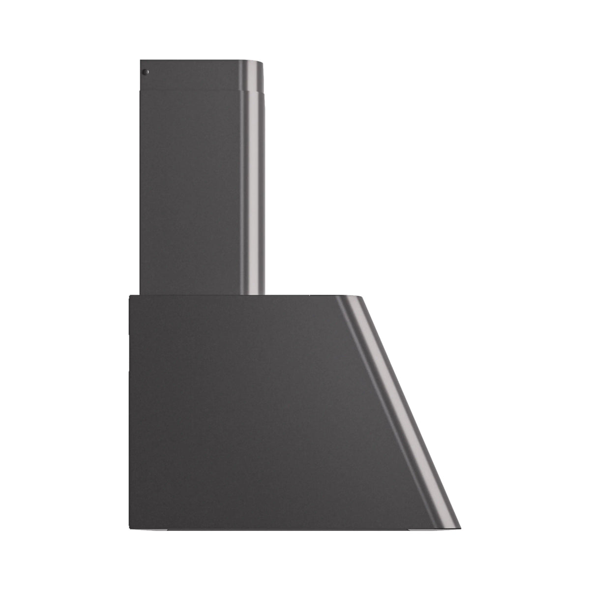 Wall-mounted range hood in matte graphite with chimney and angled lower panel.