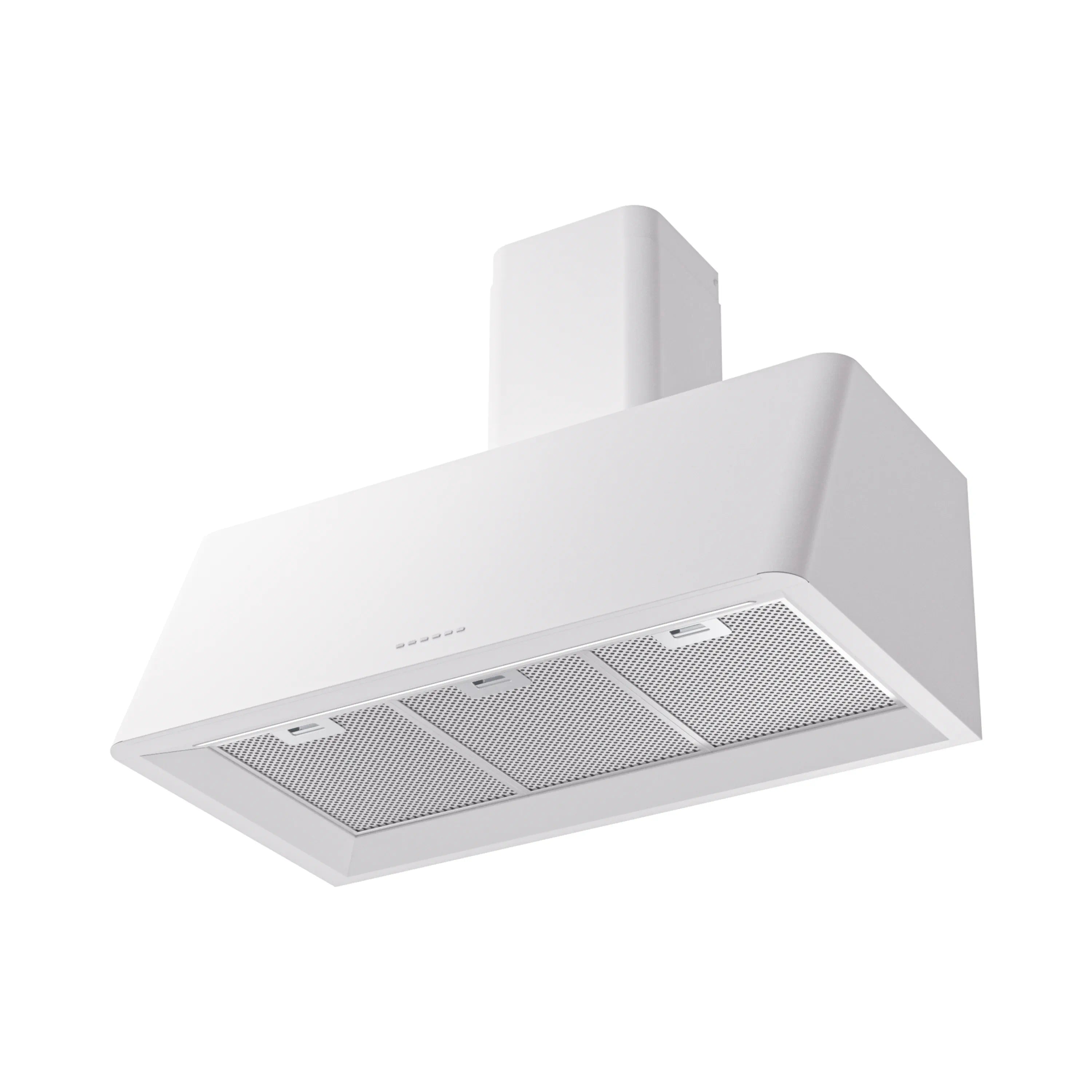 White wall-mounted range hood with three mesh filters and vented hood front