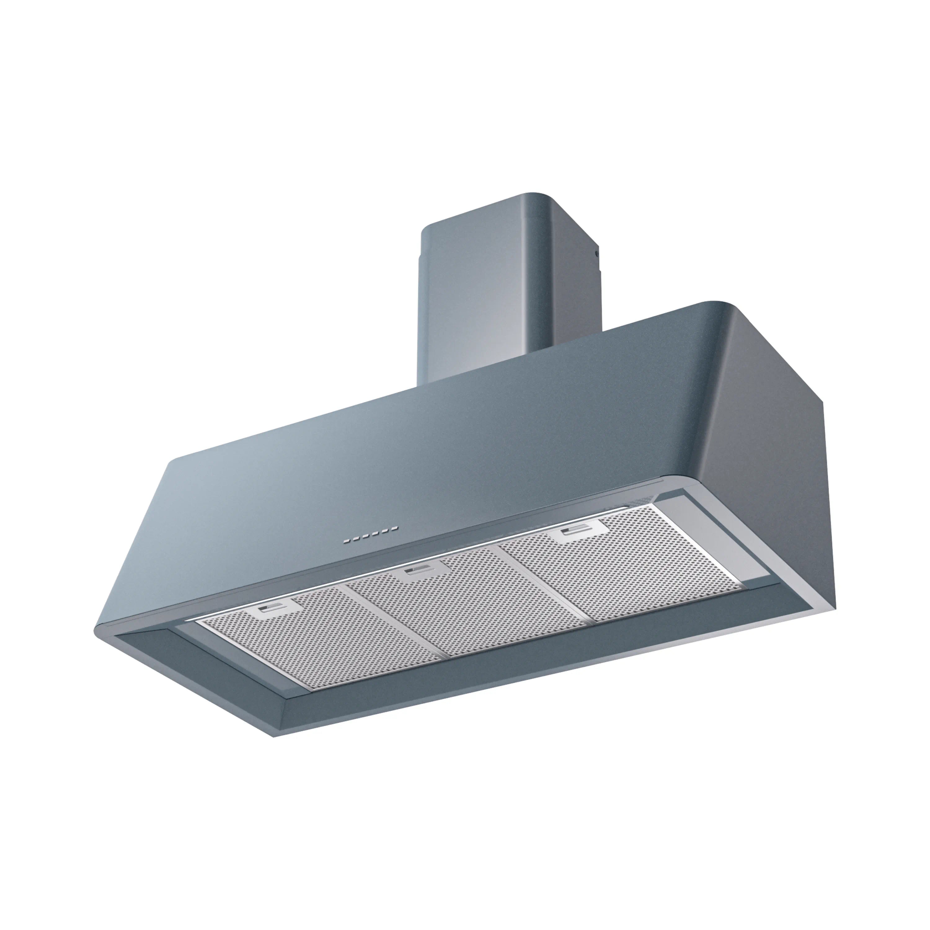 Blue grey wall-mounted range hood with two removable mesh grease filters and vents