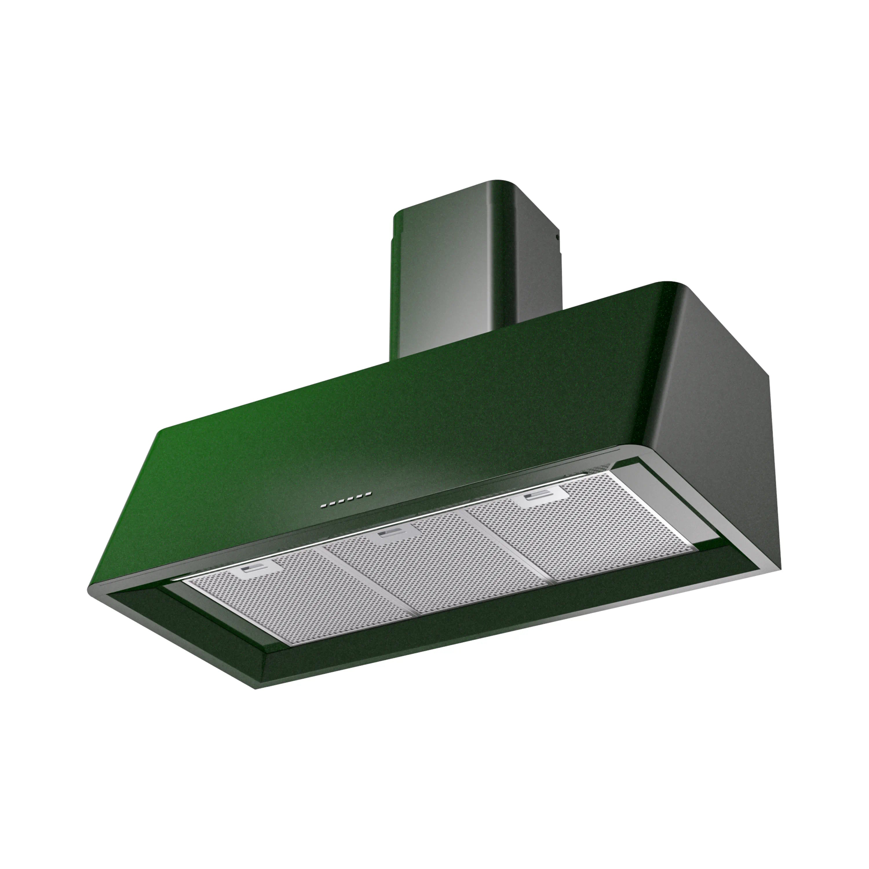 Emerald green wall-mounted range hood with two front vent filters and chimney back.