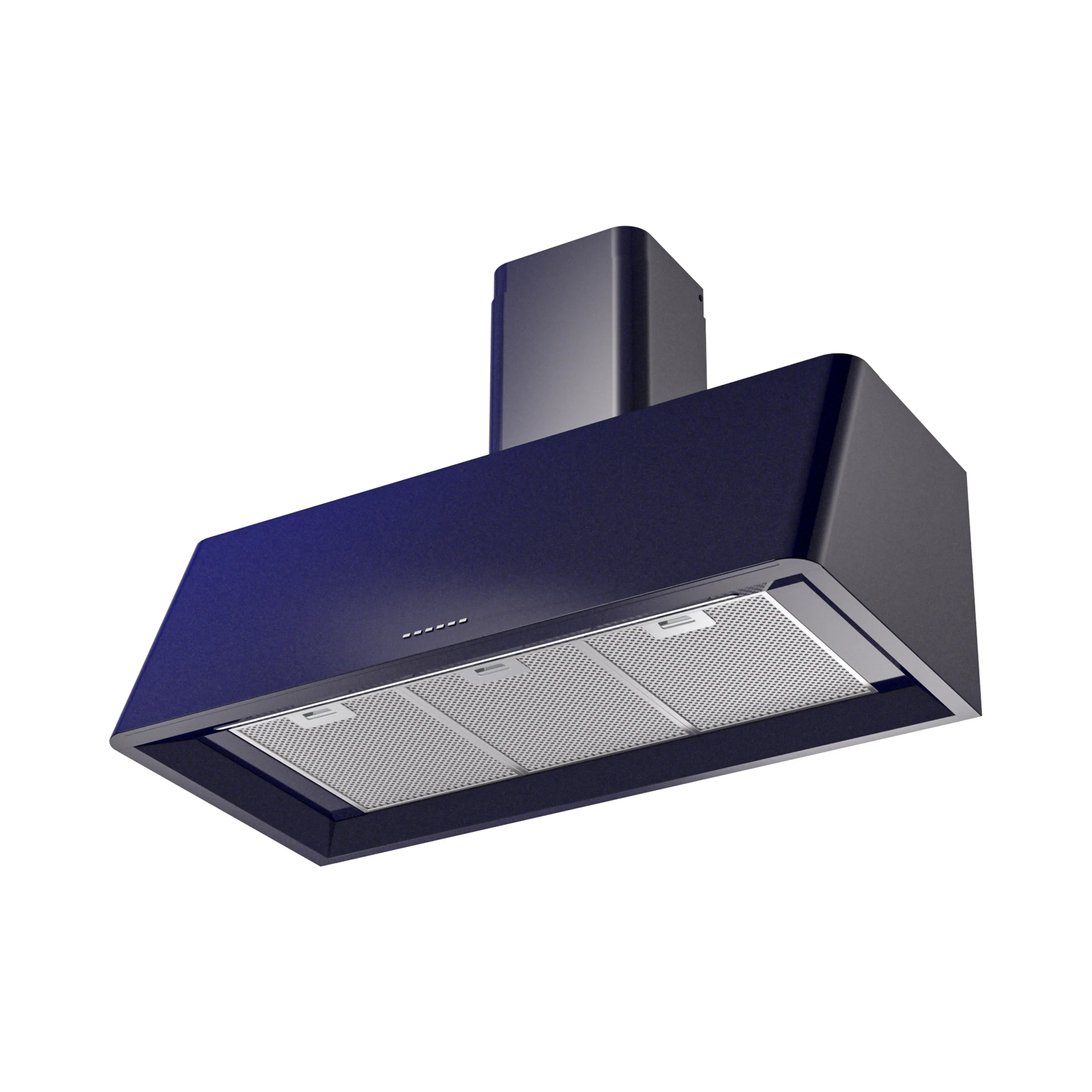 Midnight blue wall-mounted range hood with dual vent filters and curved chimney.