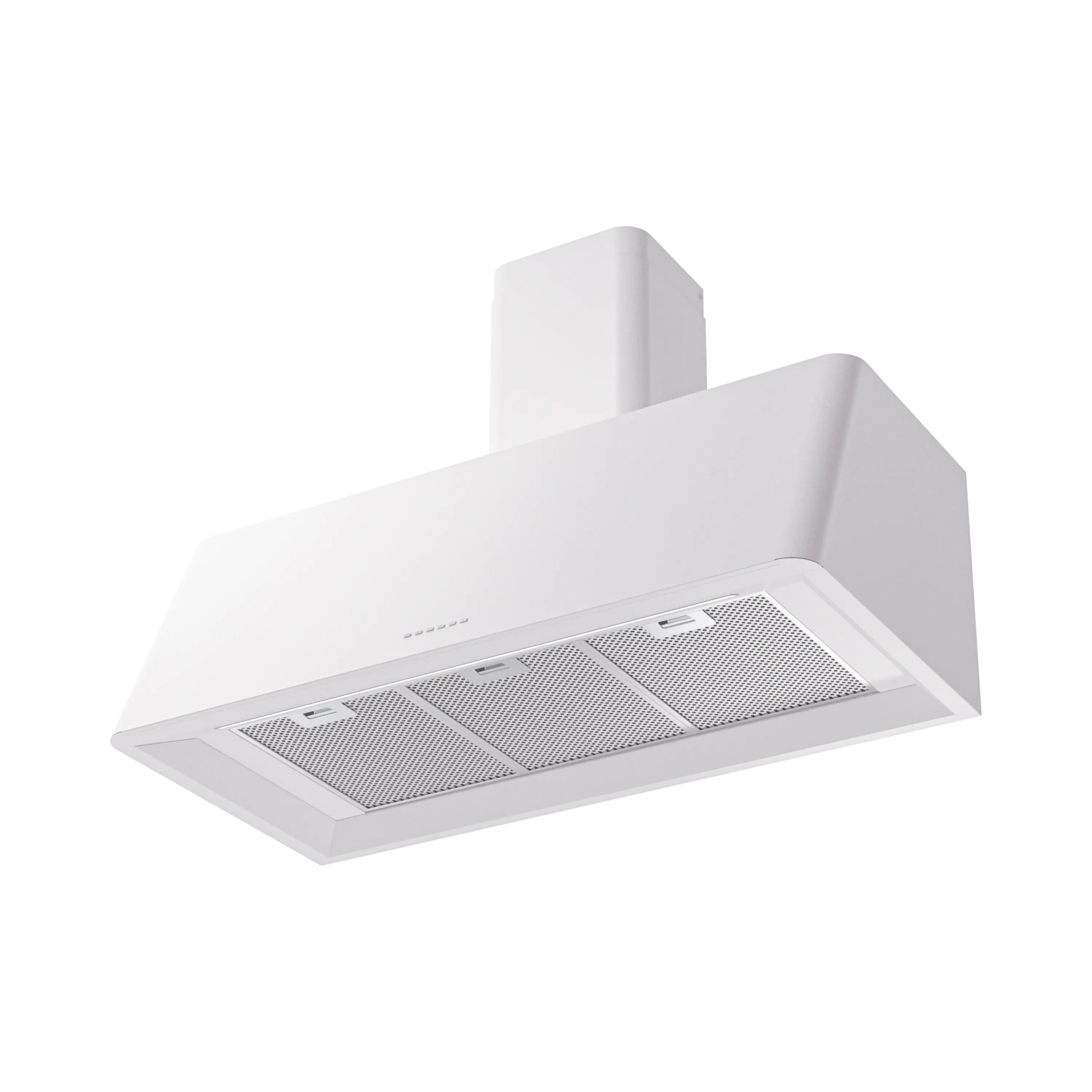 White wall-mounted range hood with 3 vented filter panels under the canopy
