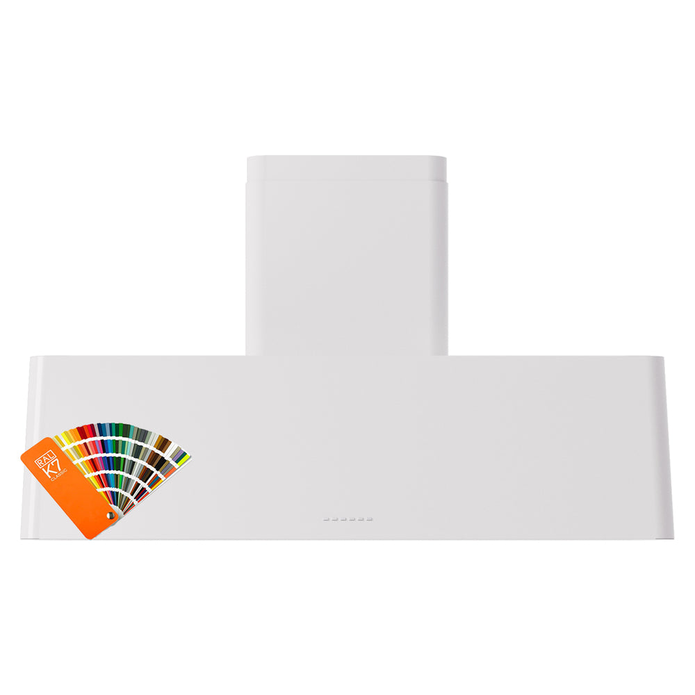 White wall-mounted range hood with chimney stack and decorative side panel