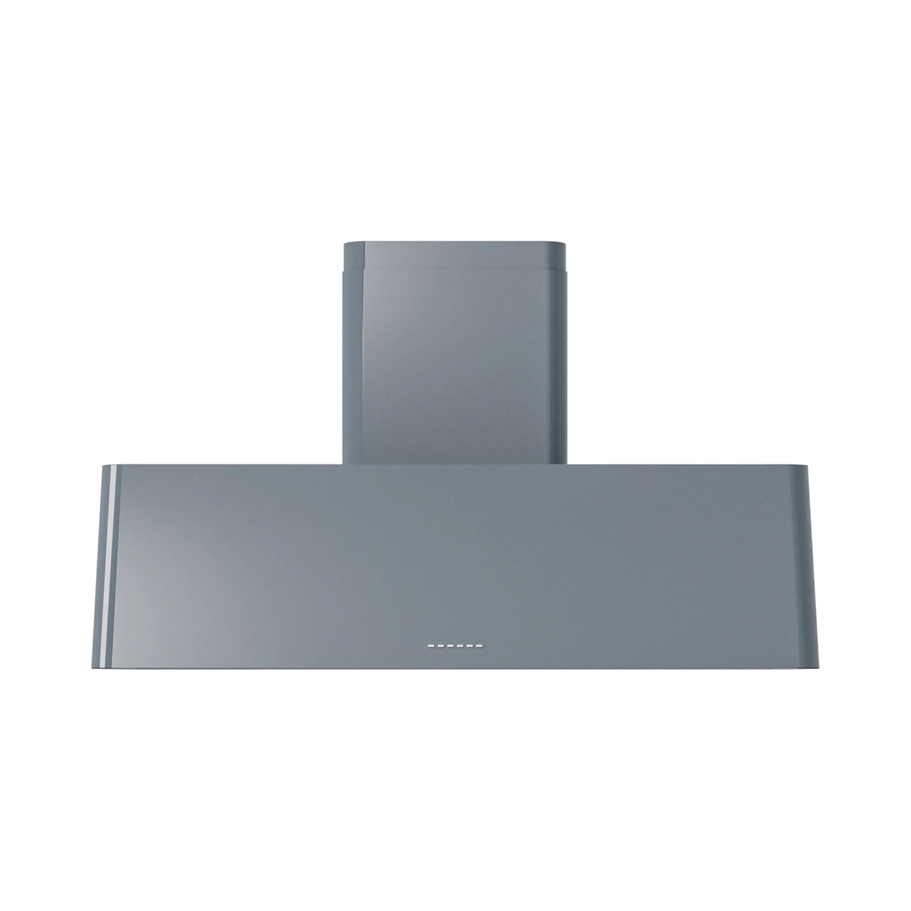 ILVE wall-mounted range hood, blue-gray, wide chimney stack with flat back panel.