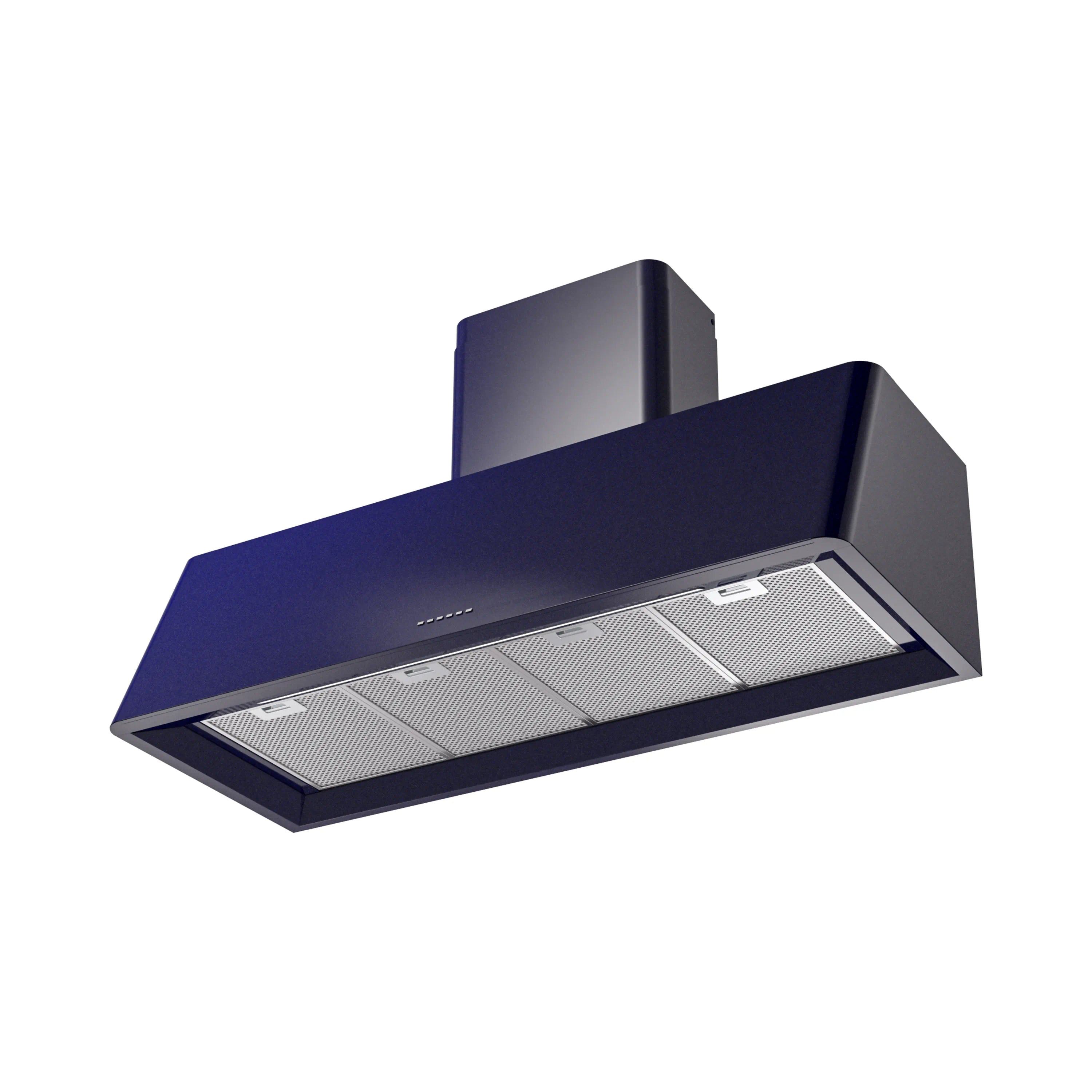 Midnight blue wall range hood with two mesh filters and chimney hood vent