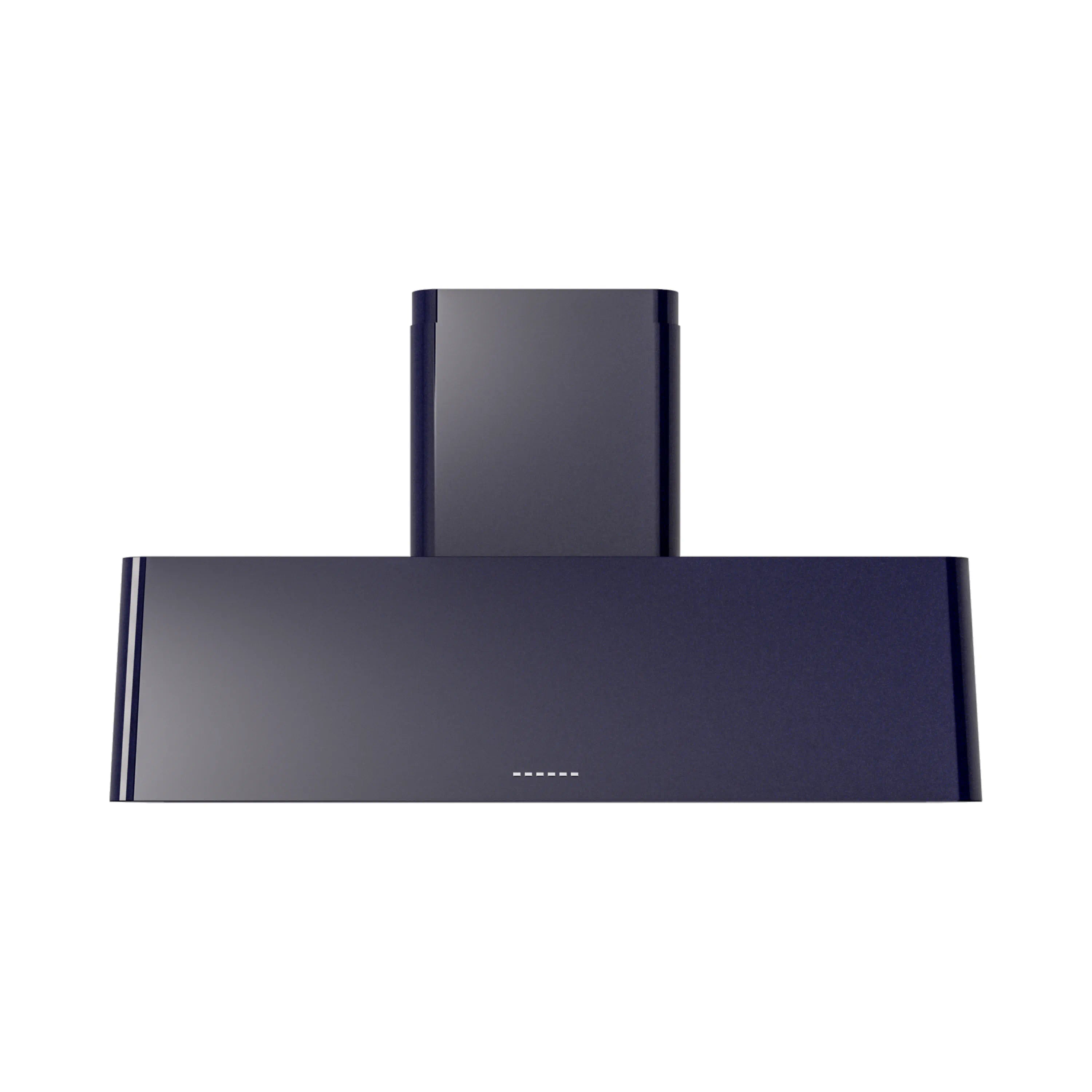 Midnight blue wall mounted range hood with chimney stack and control indicator dots