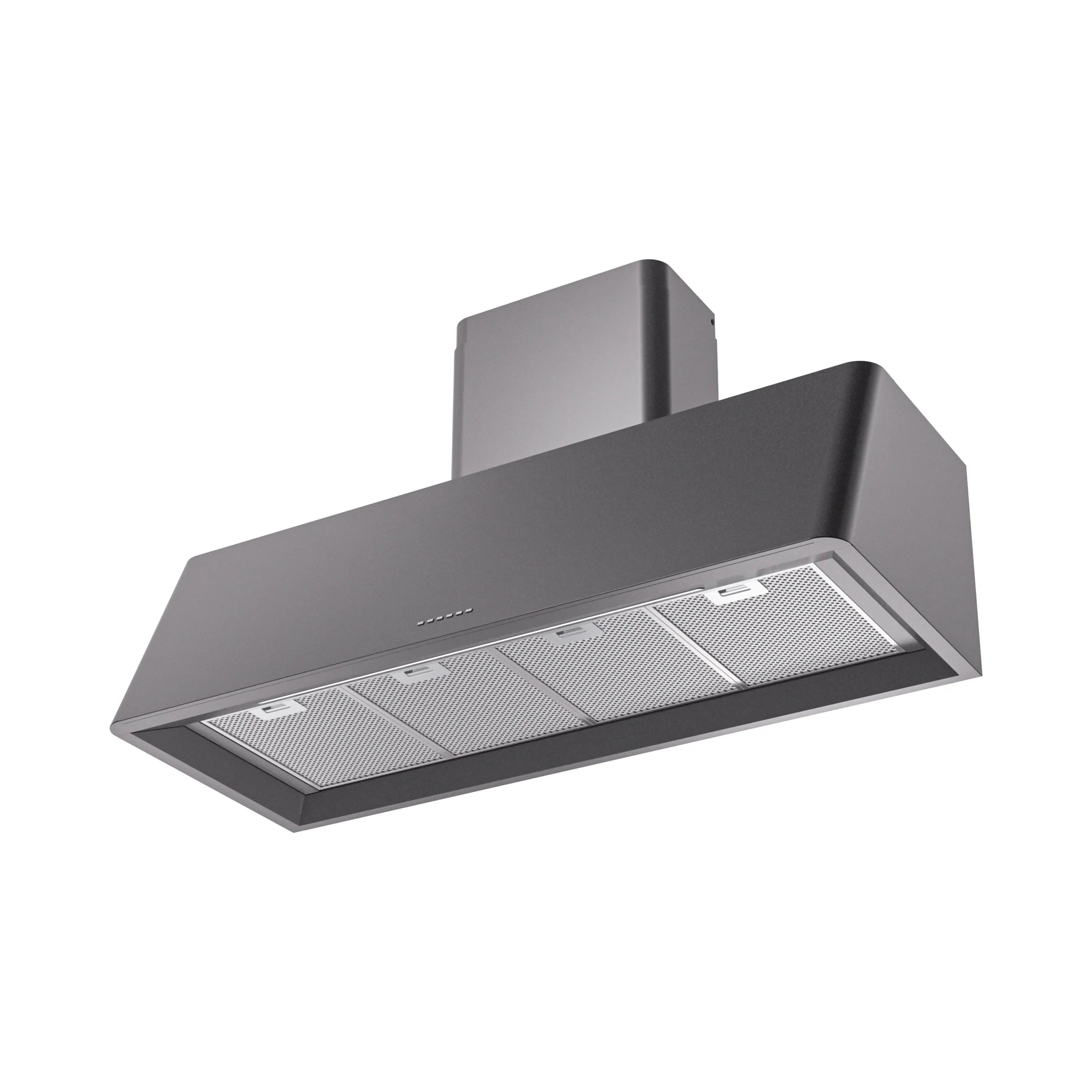 Wall-mounted range hood in graphite matte with front mesh filter panel
