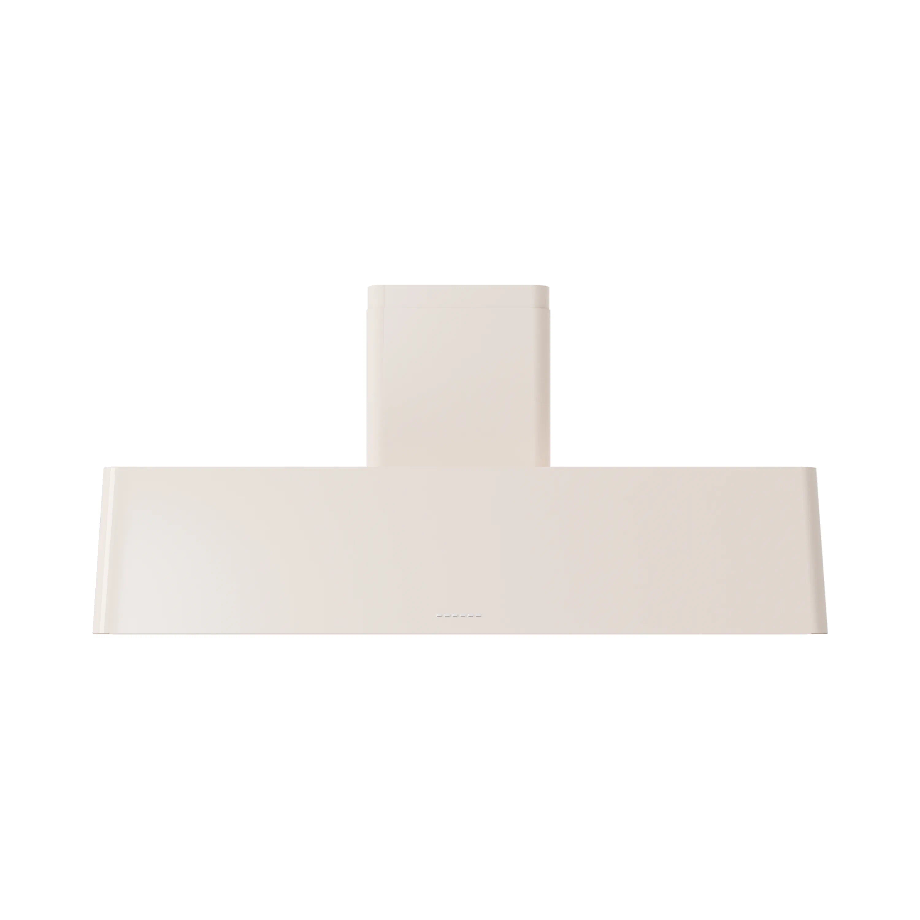 Antique white wall-mounted range hood with centered chimney and flat horizontal canopy