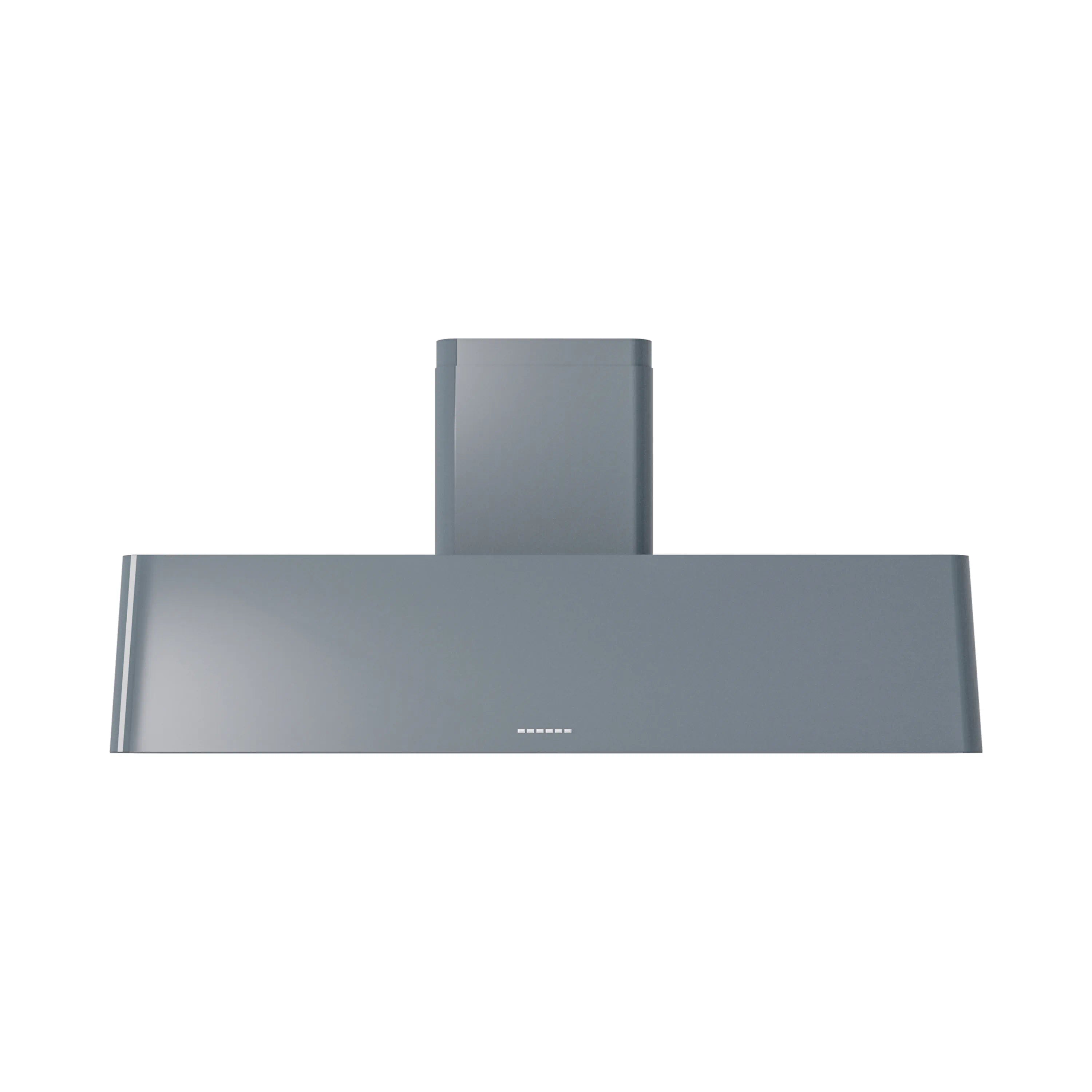 Wall mounted range hood, blue-gray chimney with wide canopy