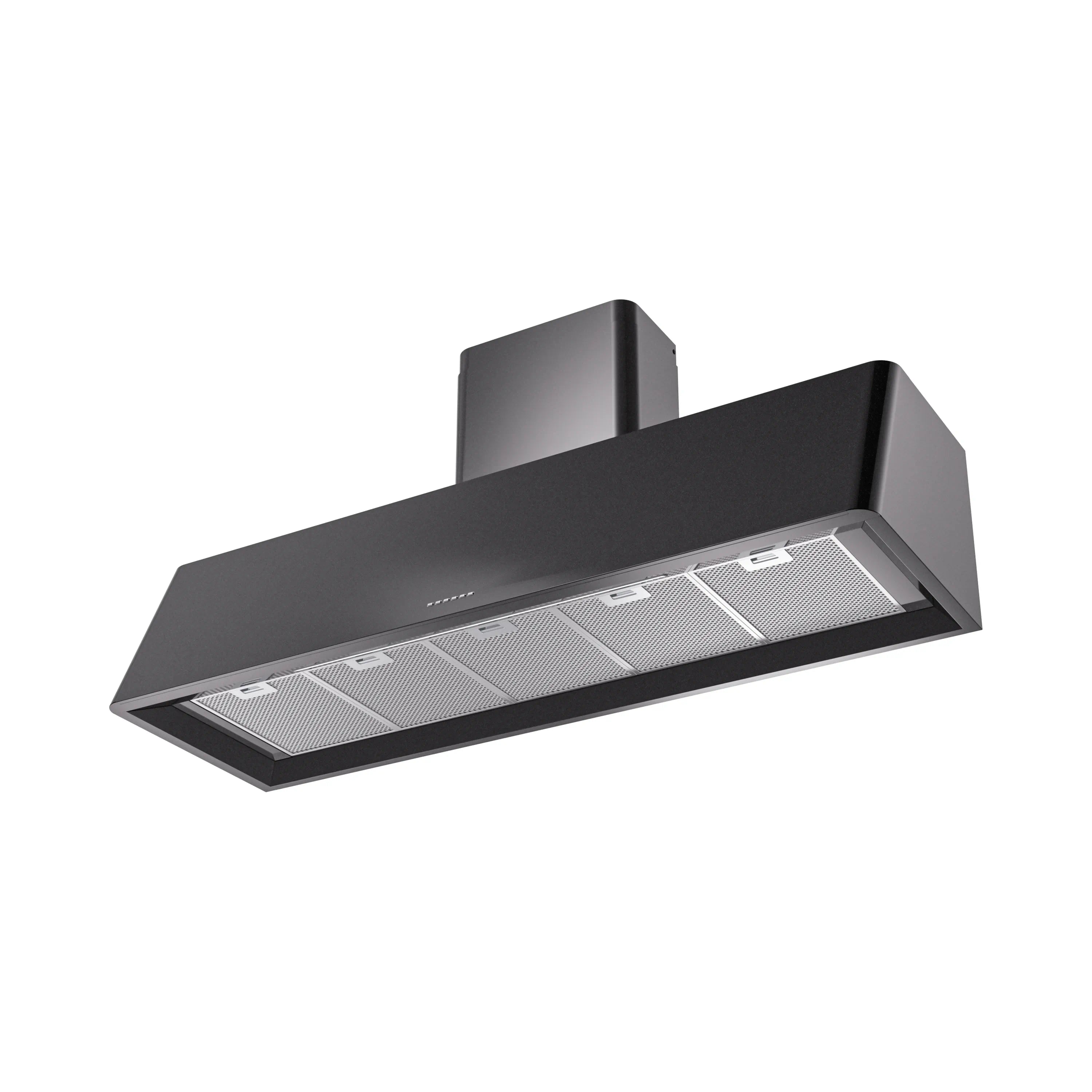 Wall-mounted range hood in glossy black with vent filters and chimney