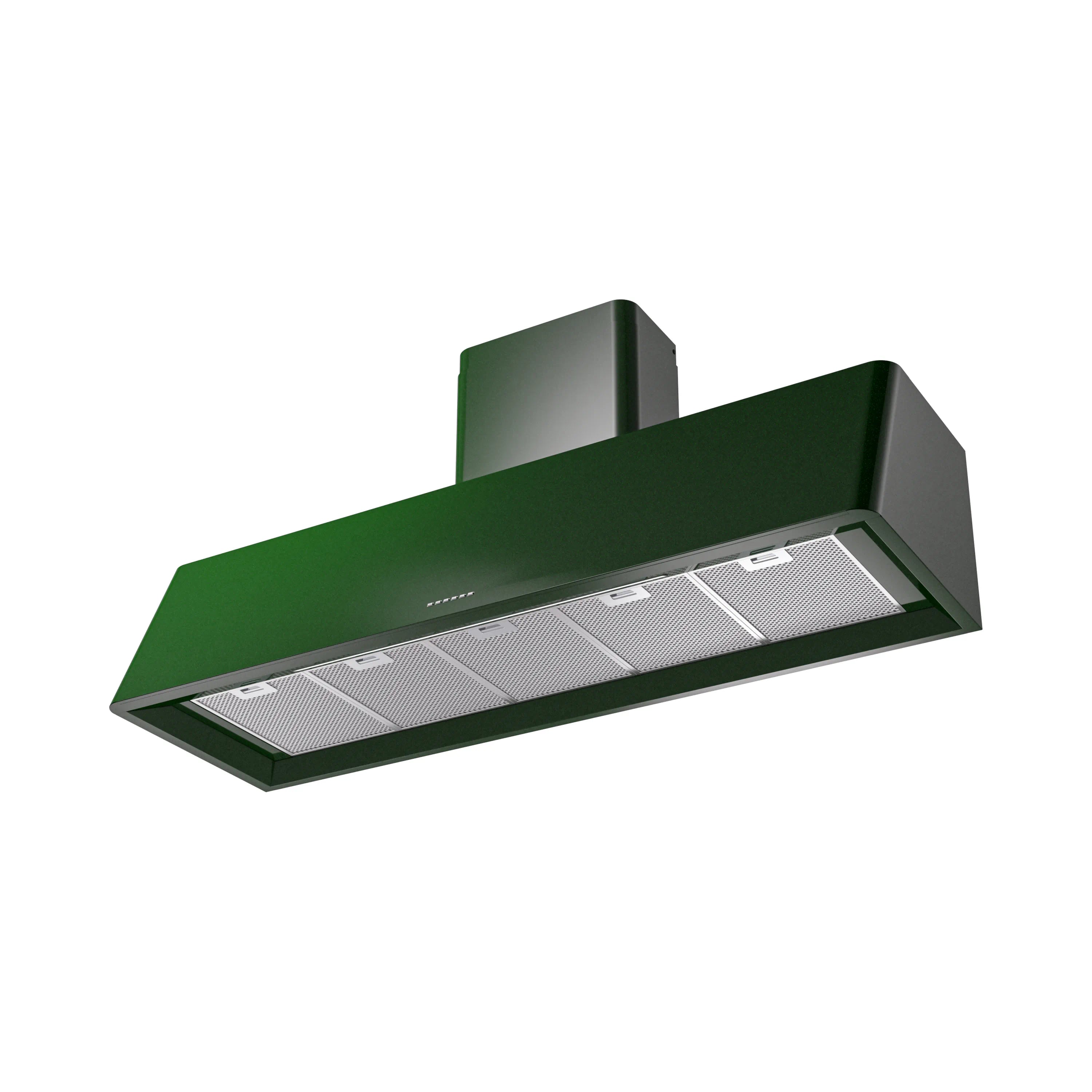 Emerald green wall-mounted range hood with three metal mesh filter panels.