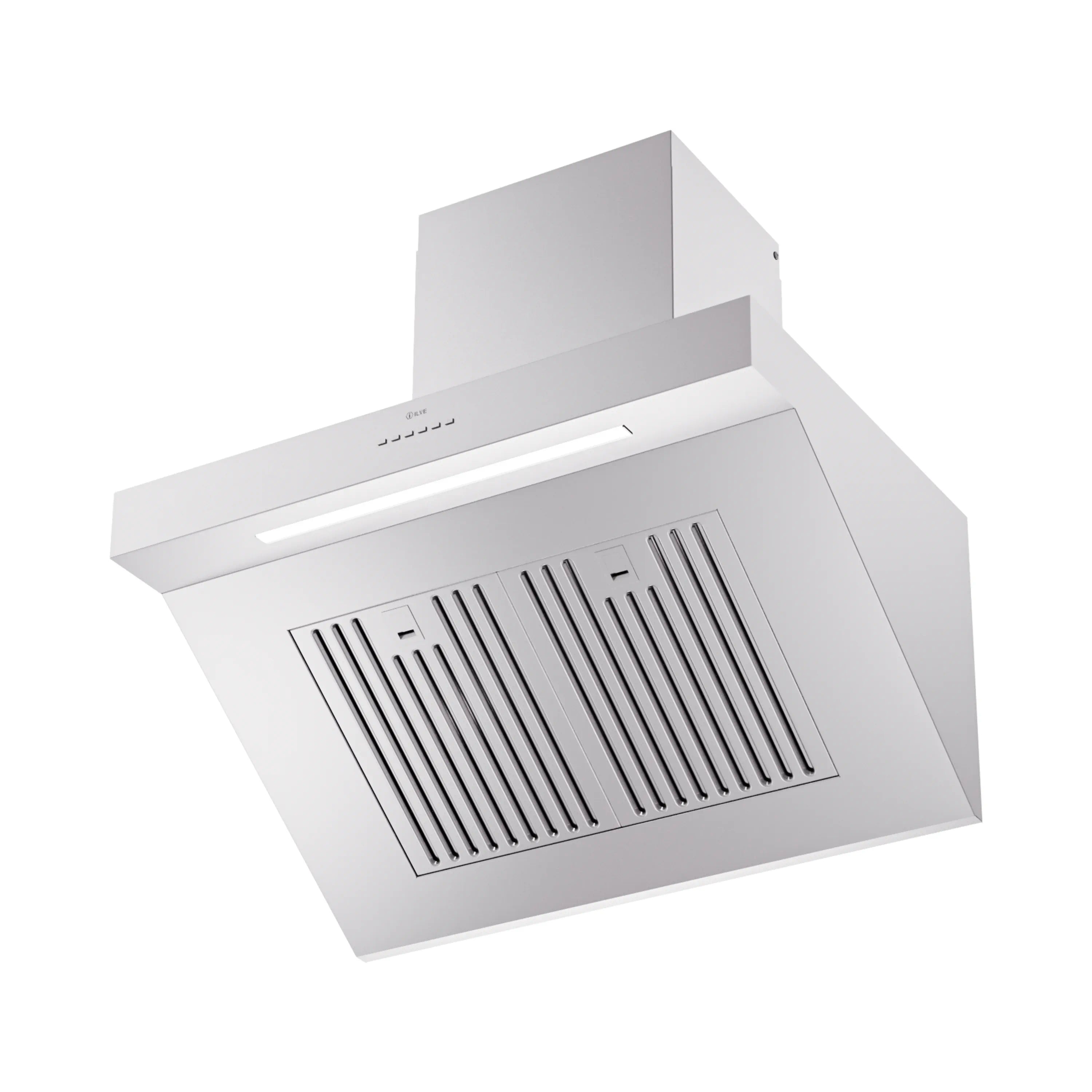 Stainless steel wall-mount ducted range hood with slotted fan grille