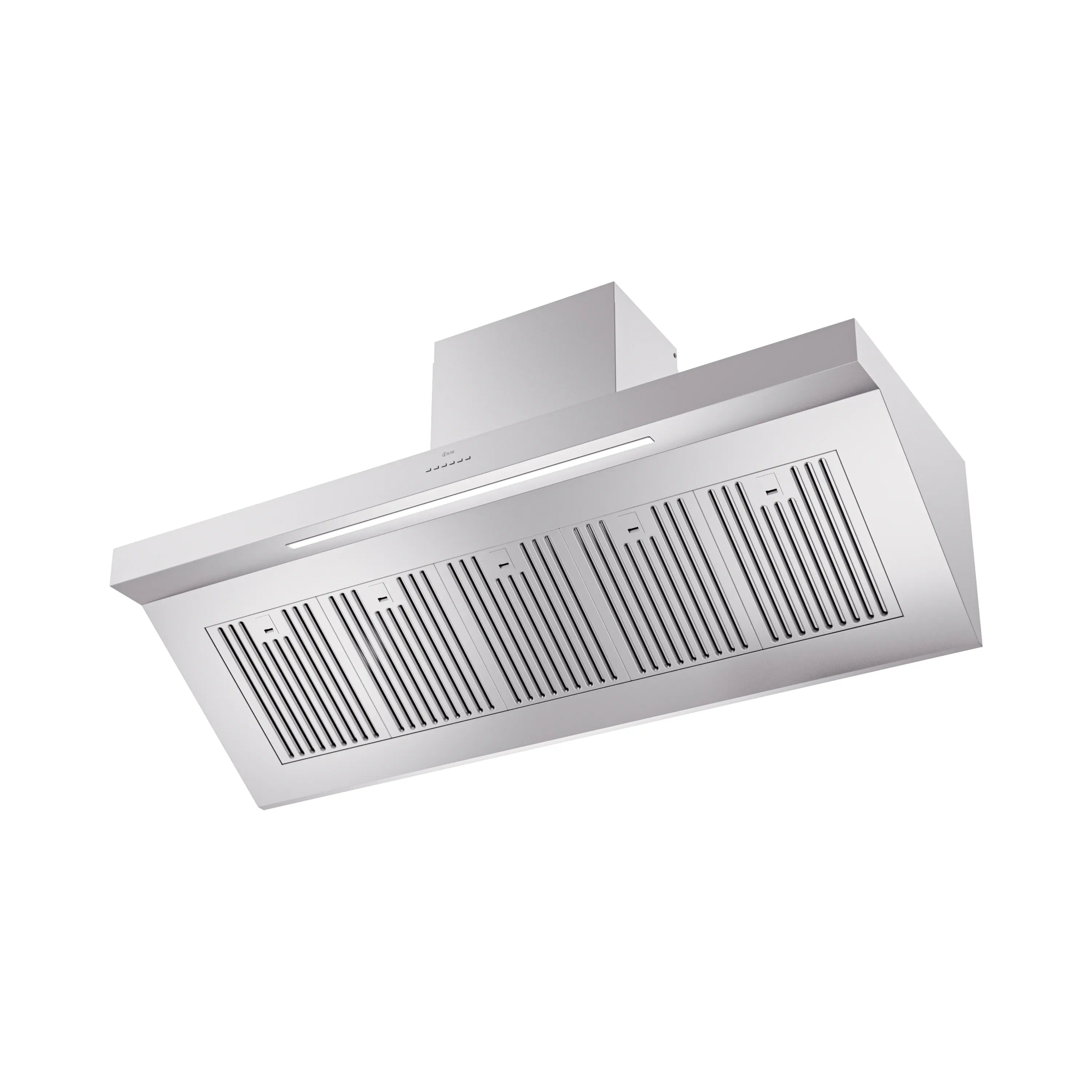 Stainless steel wall-mount ducted range hood with front vent grille and canopy