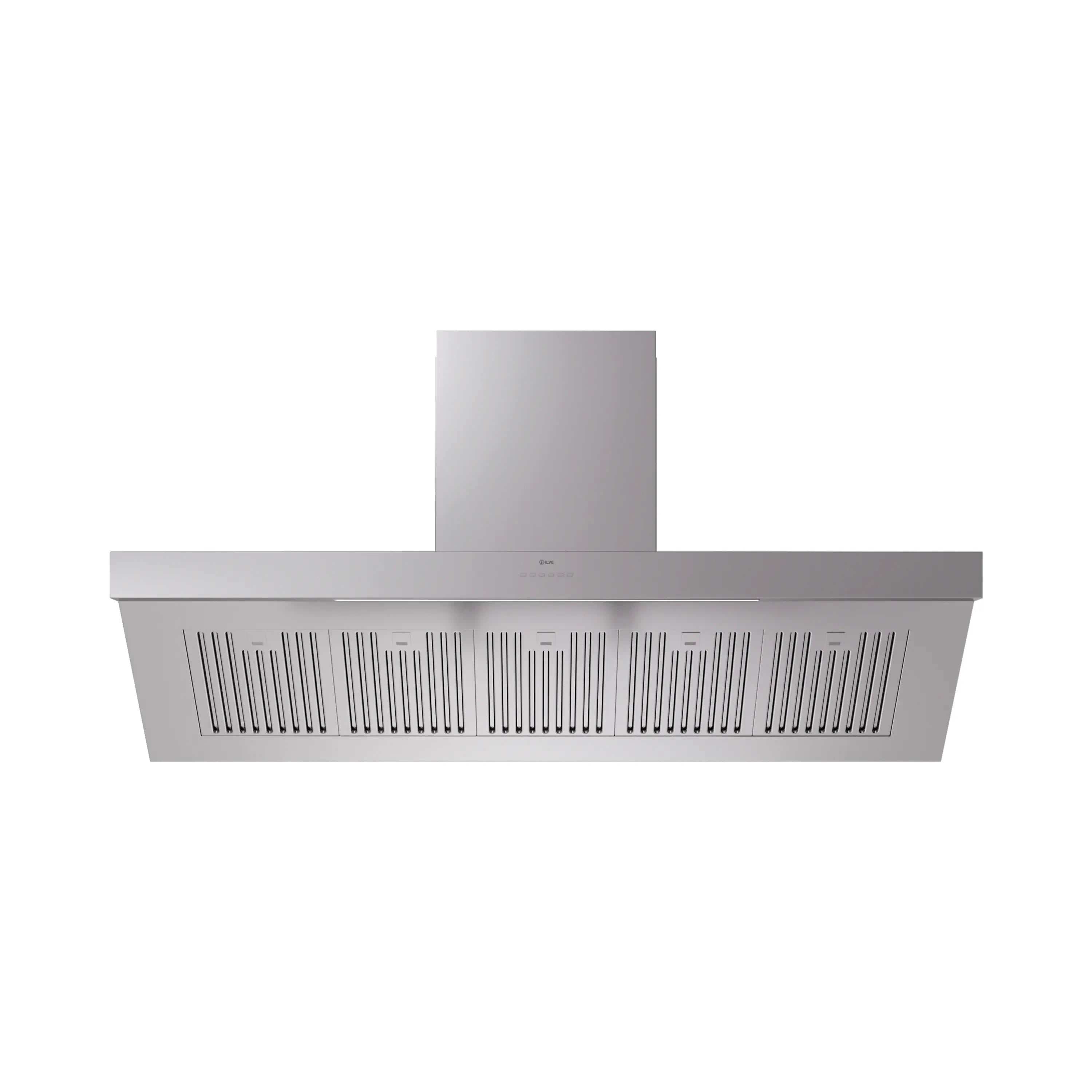 Stainless steel ducted range hood underside with front ventilation grille