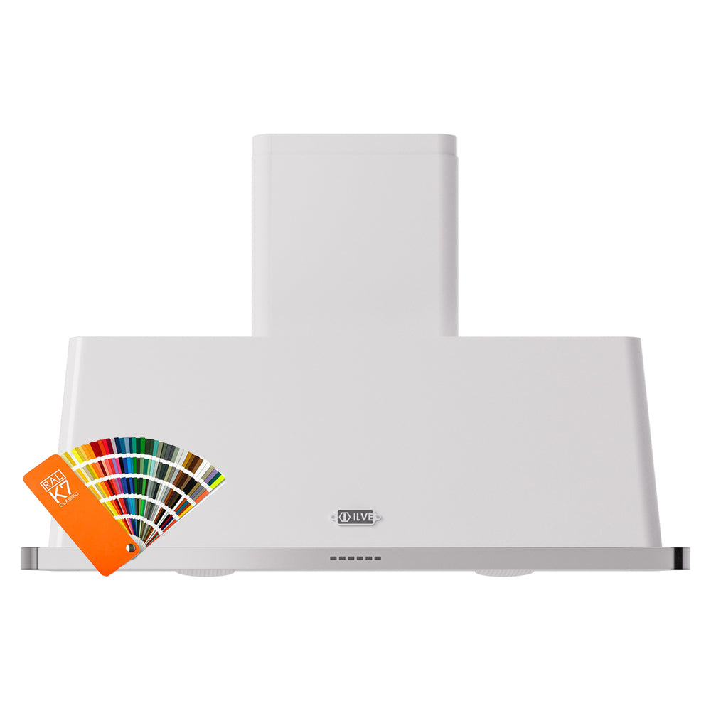 Wall-mount range hood with chimney, white finish, logo and control panel