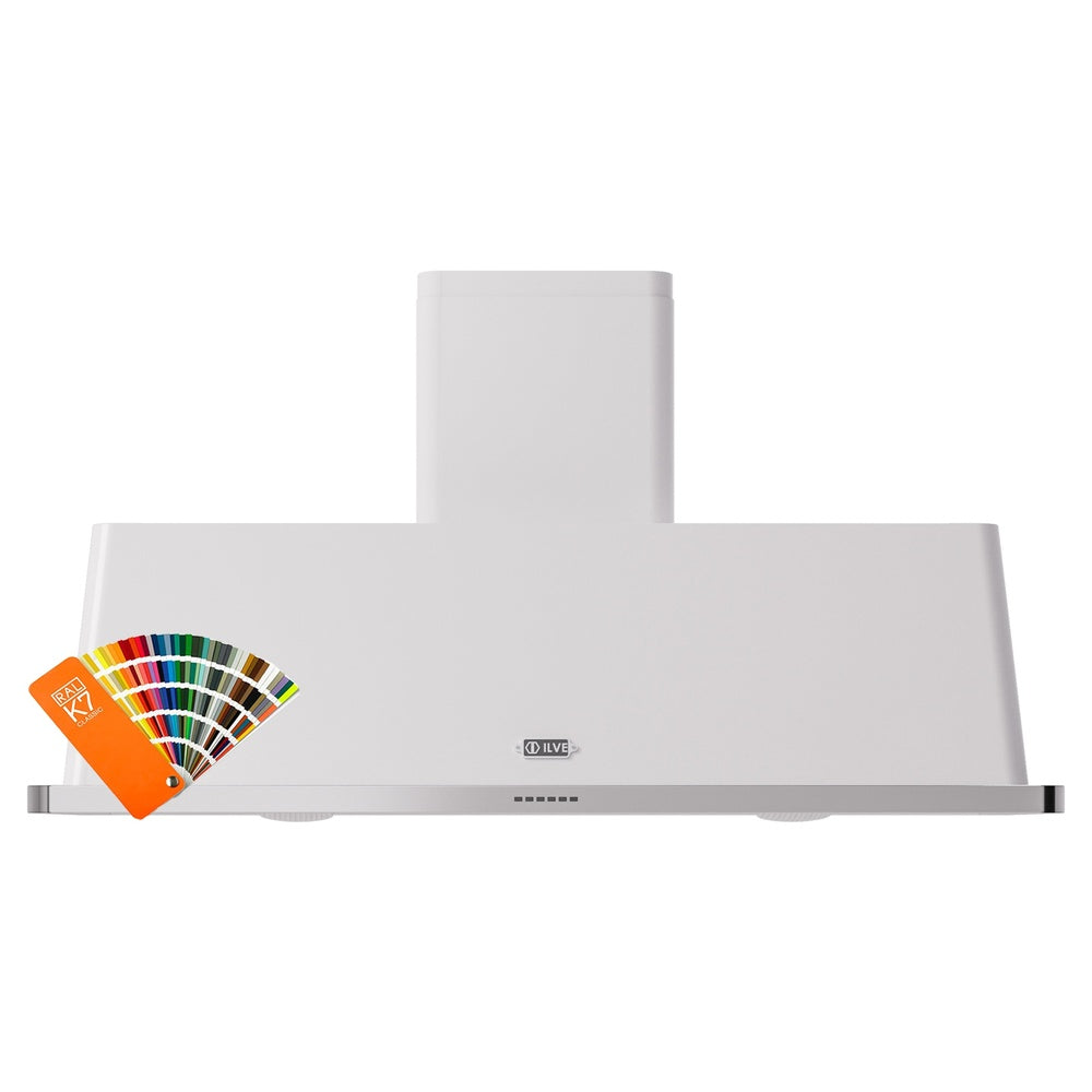 Wall-mounted range hood, white canopy with control panel at center