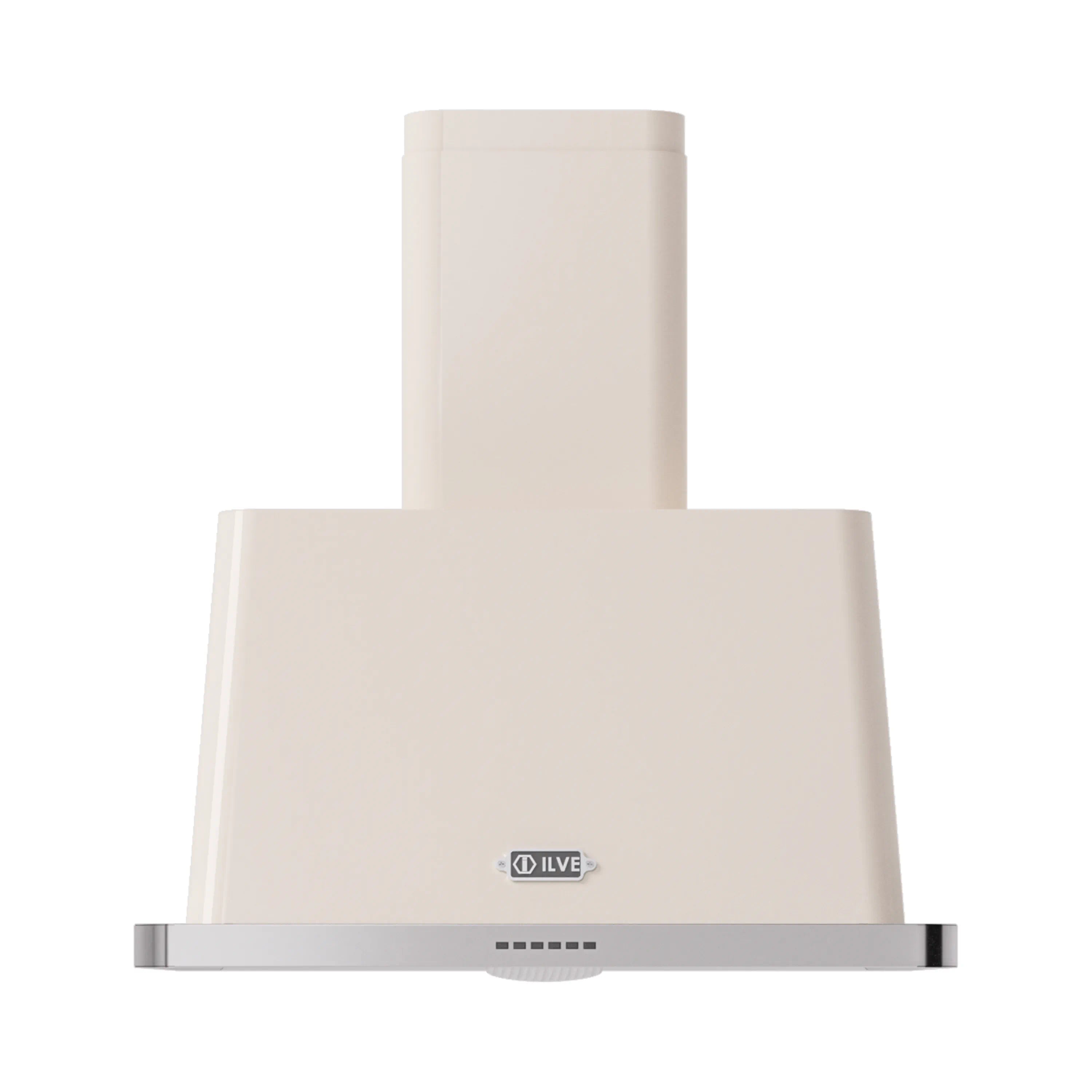 Antique white wall range hood with centered control panel and stainless lower border