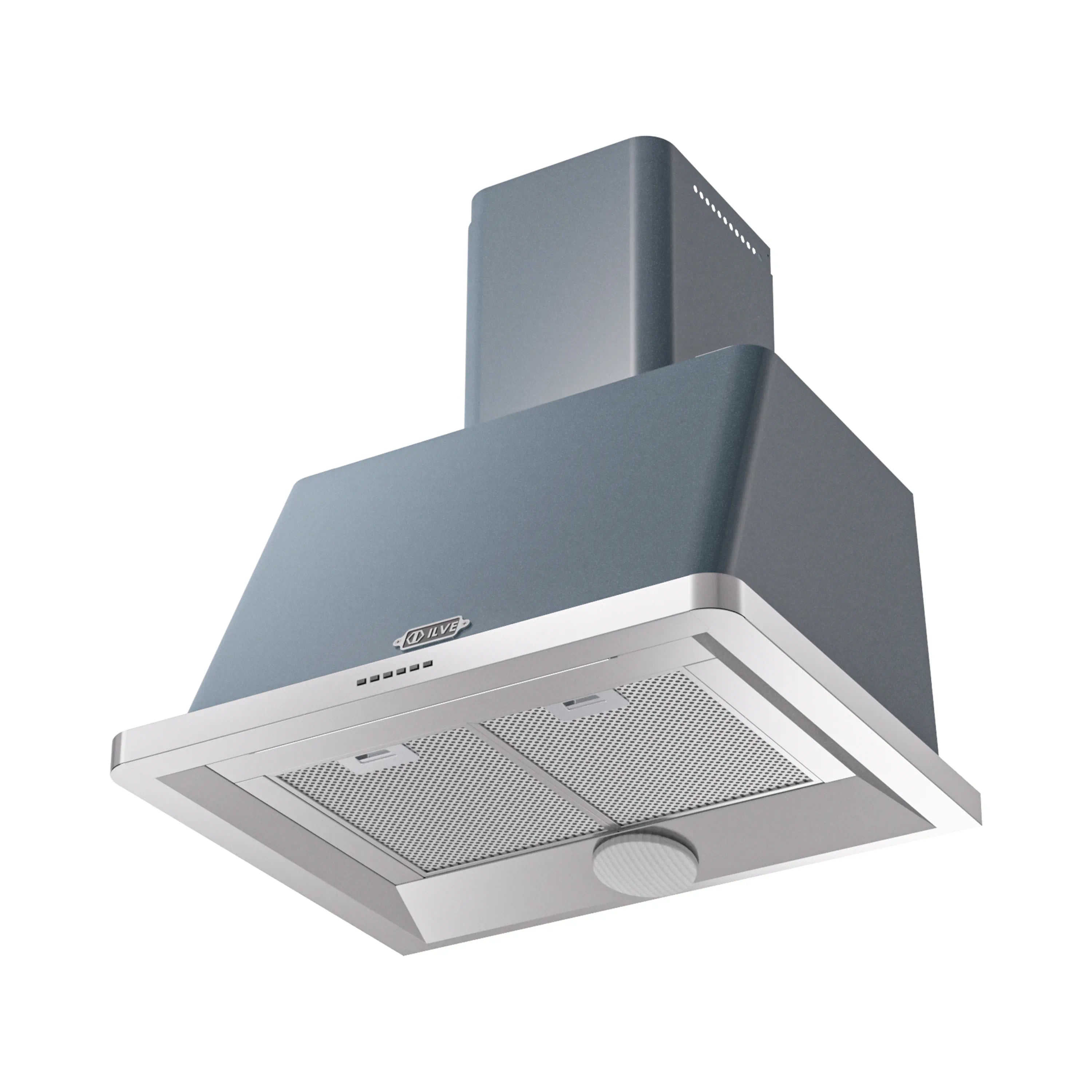 Blue gray wall-mount range hood with mesh filters and control panel