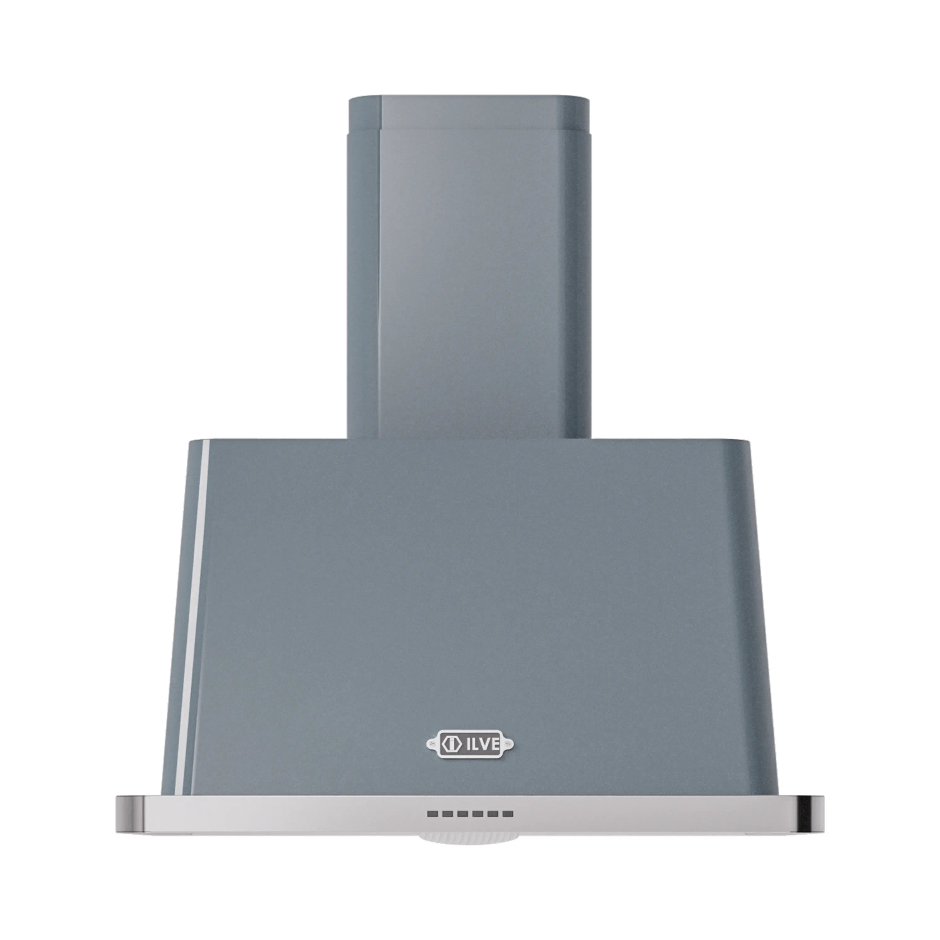 Blue gray wall-mount range hood front panel with logo and vent slots