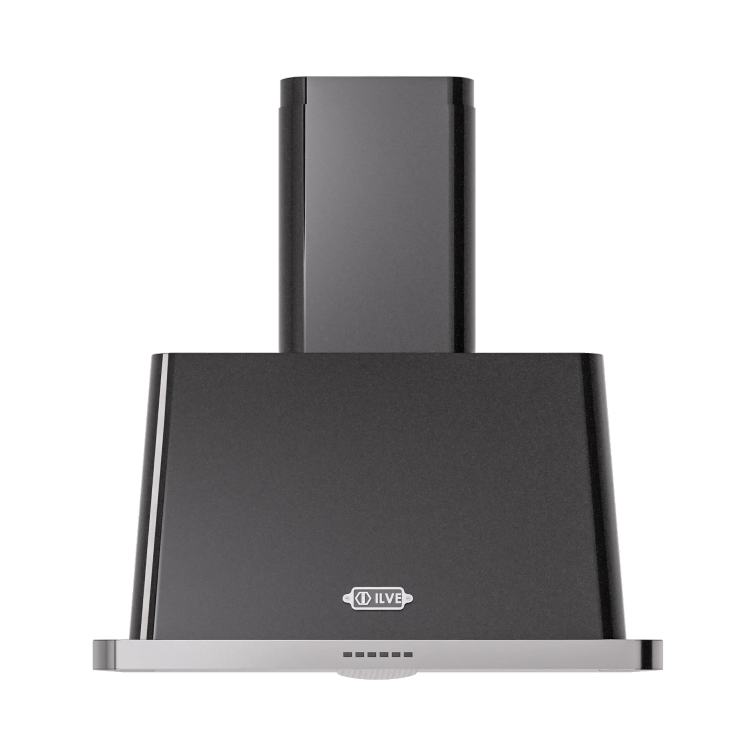 Glossy black wall-mount range hood front view with central chimney and vent openings