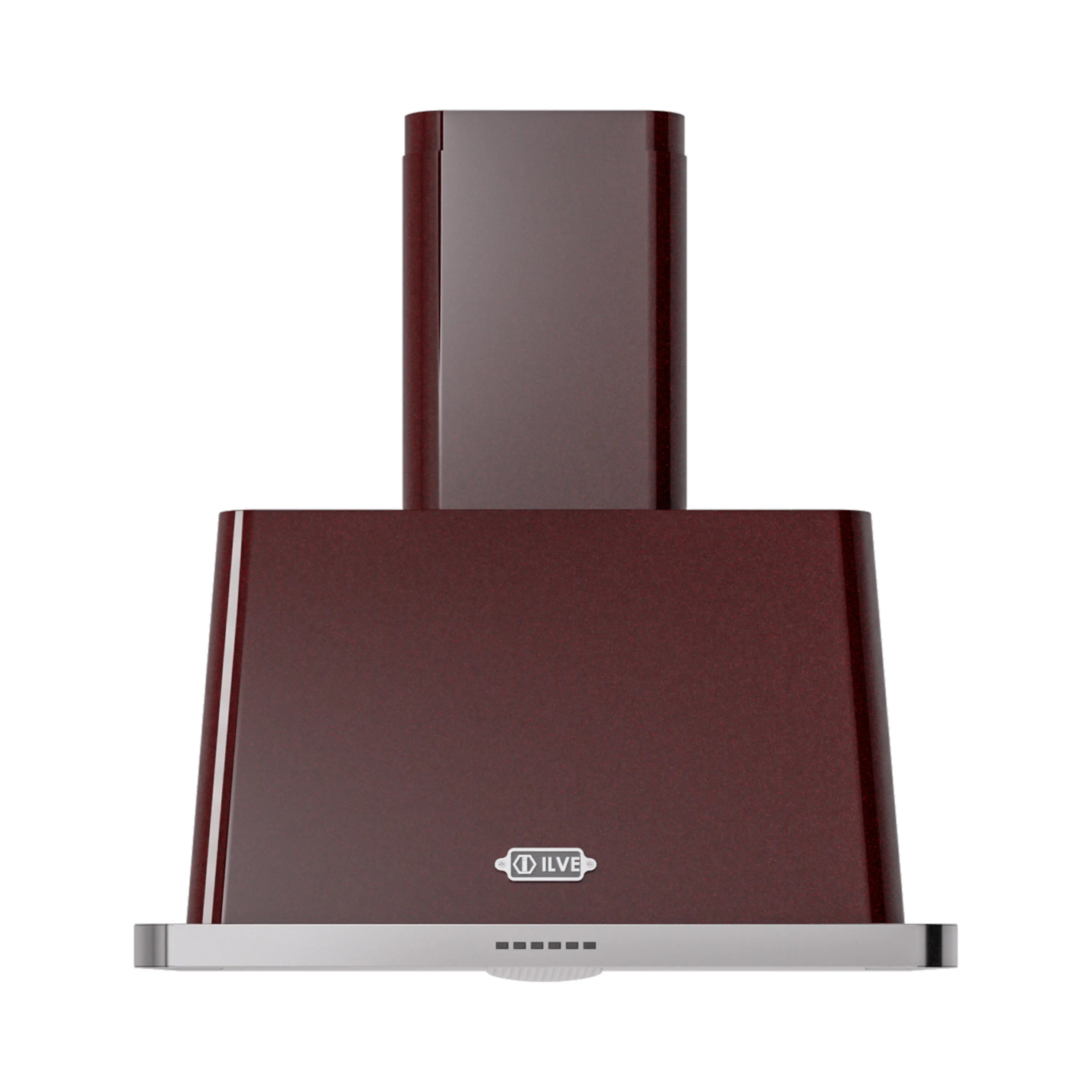 Burgundy wall-mount range hood with ILVE logo, stainless lower trim, front vent