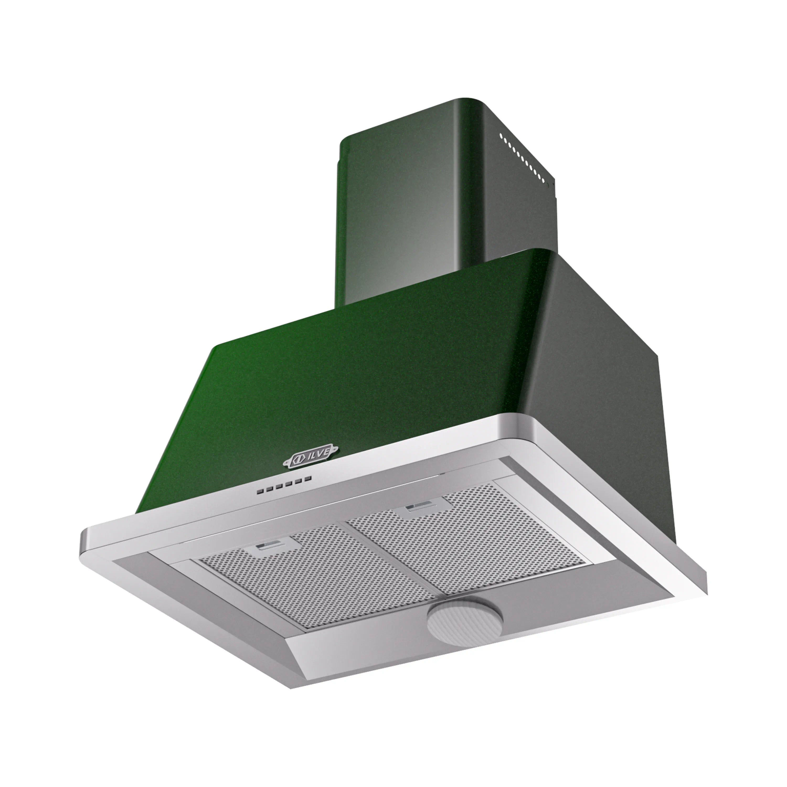 Emerald green wall mount range hood with stainless chimney, metal filters, and control panel