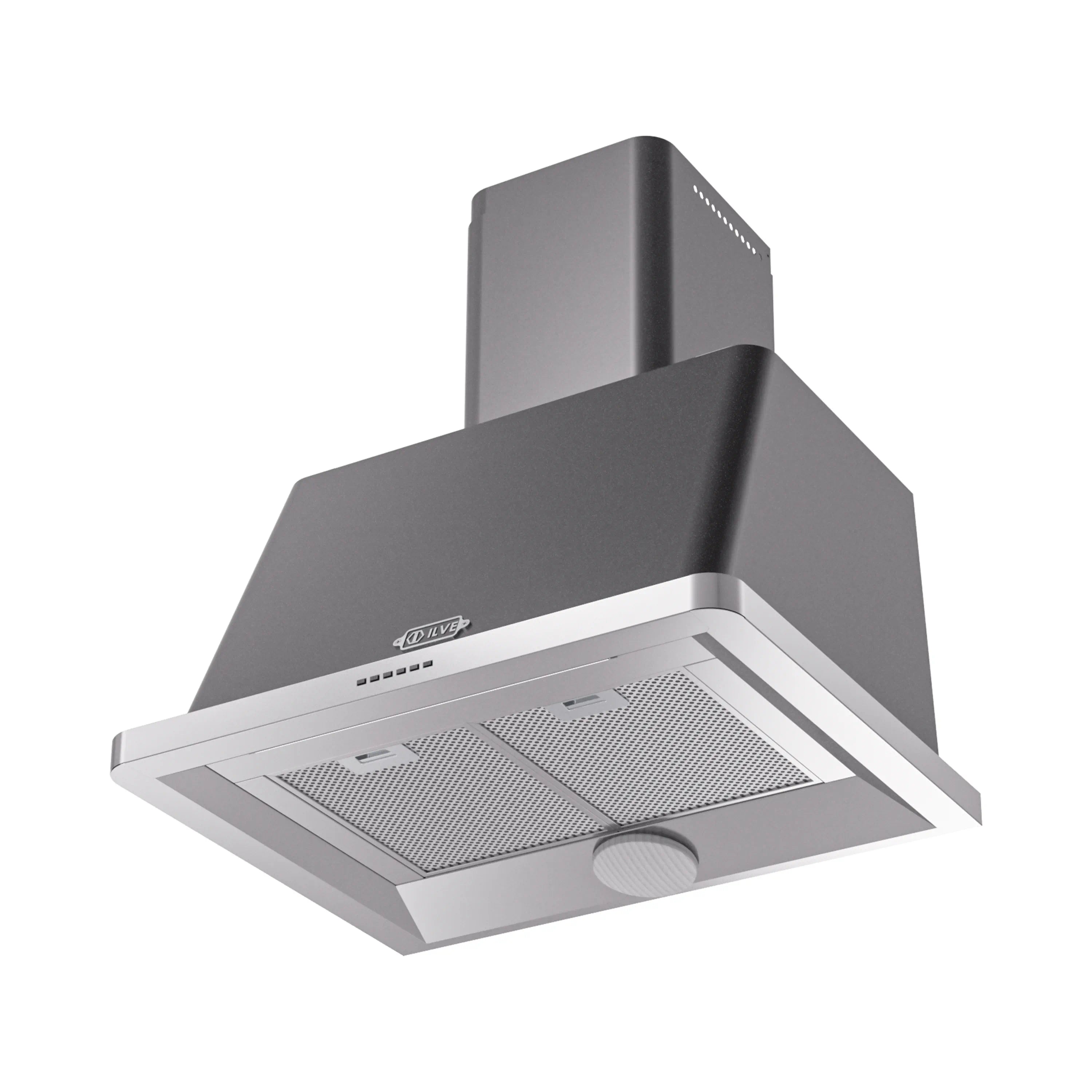 Graphite matte wall-mount range hood with two metal grease filters and knob controls