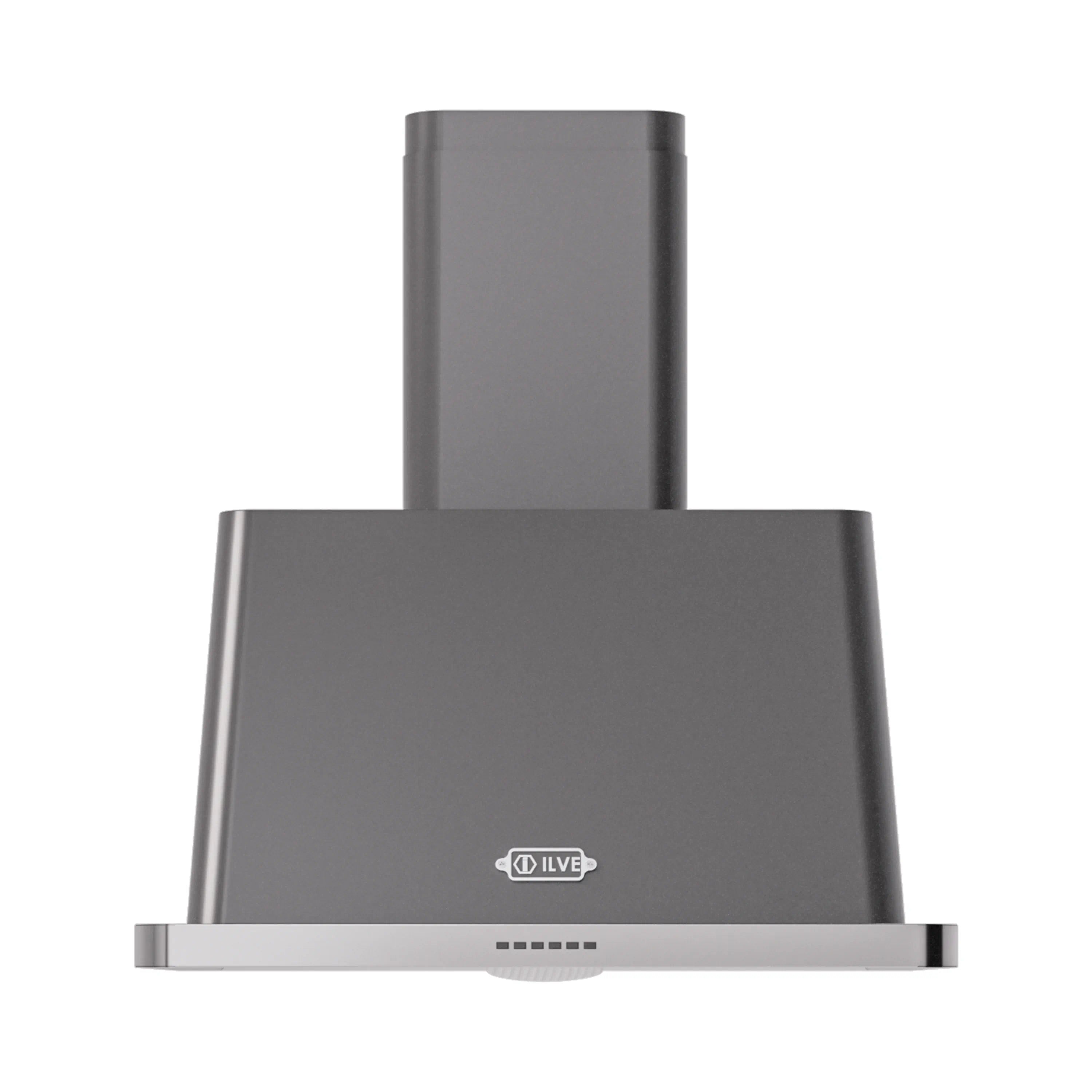 Graphite matte wall-mount range hood chimney with vented panel and front LED trim