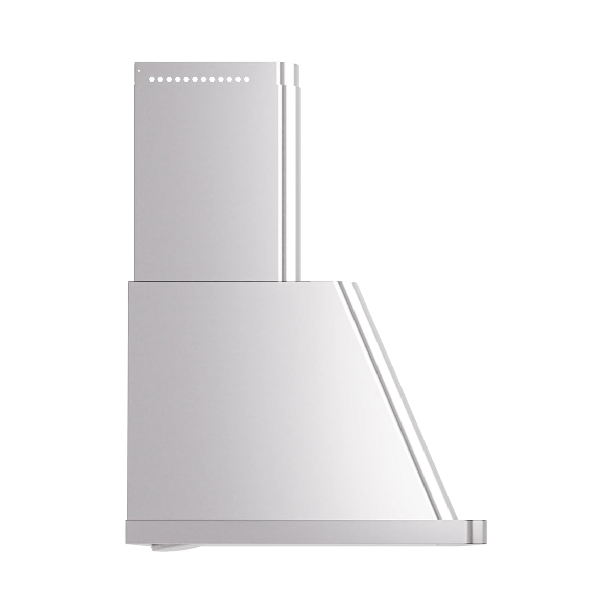 Stainless steel wall-mount range hood side profile with angled chimney and canopy