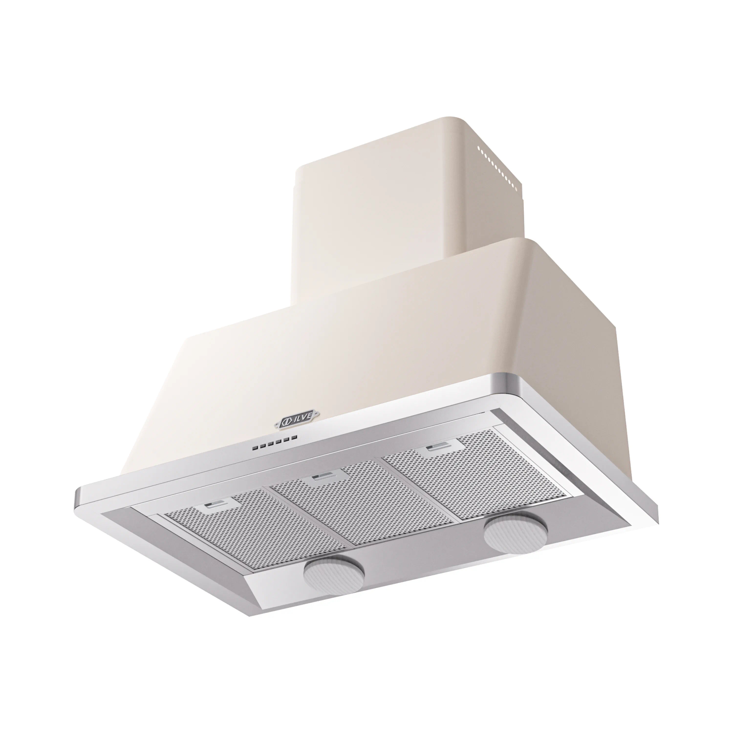 Antique white wall mount range hood with vent filters and stainless trim