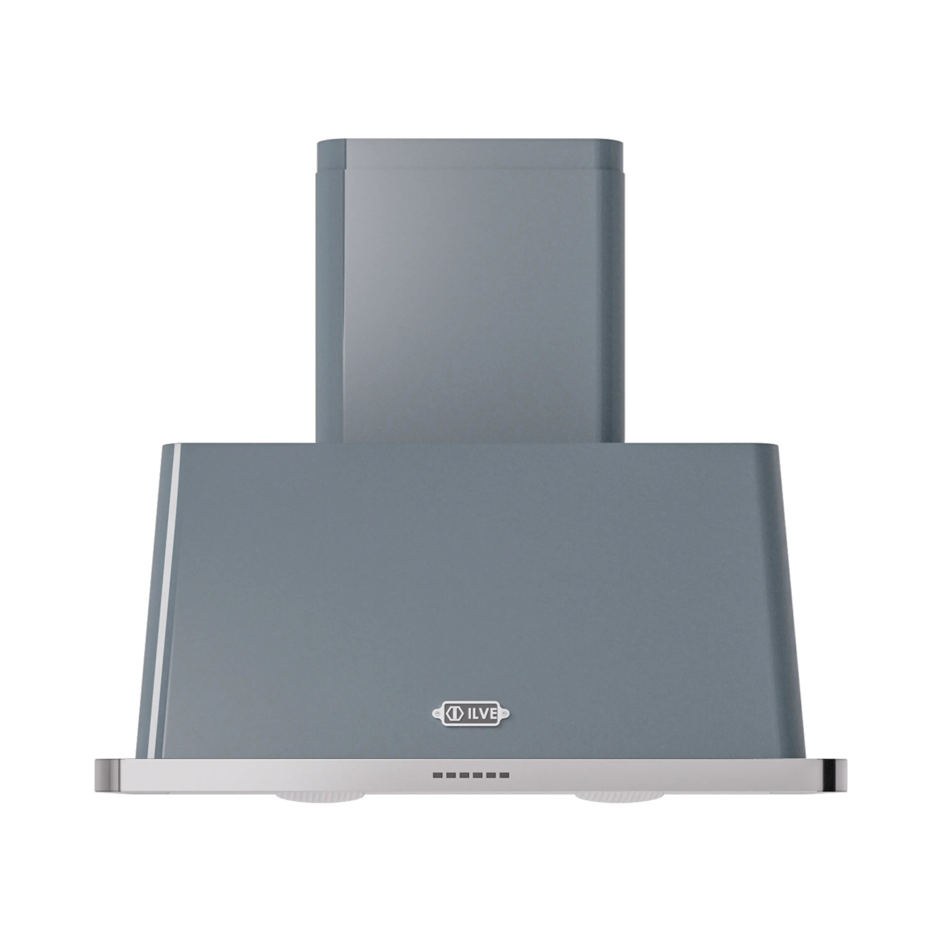 Blue grey wall-mount range hood with metal filter panels and control strip
