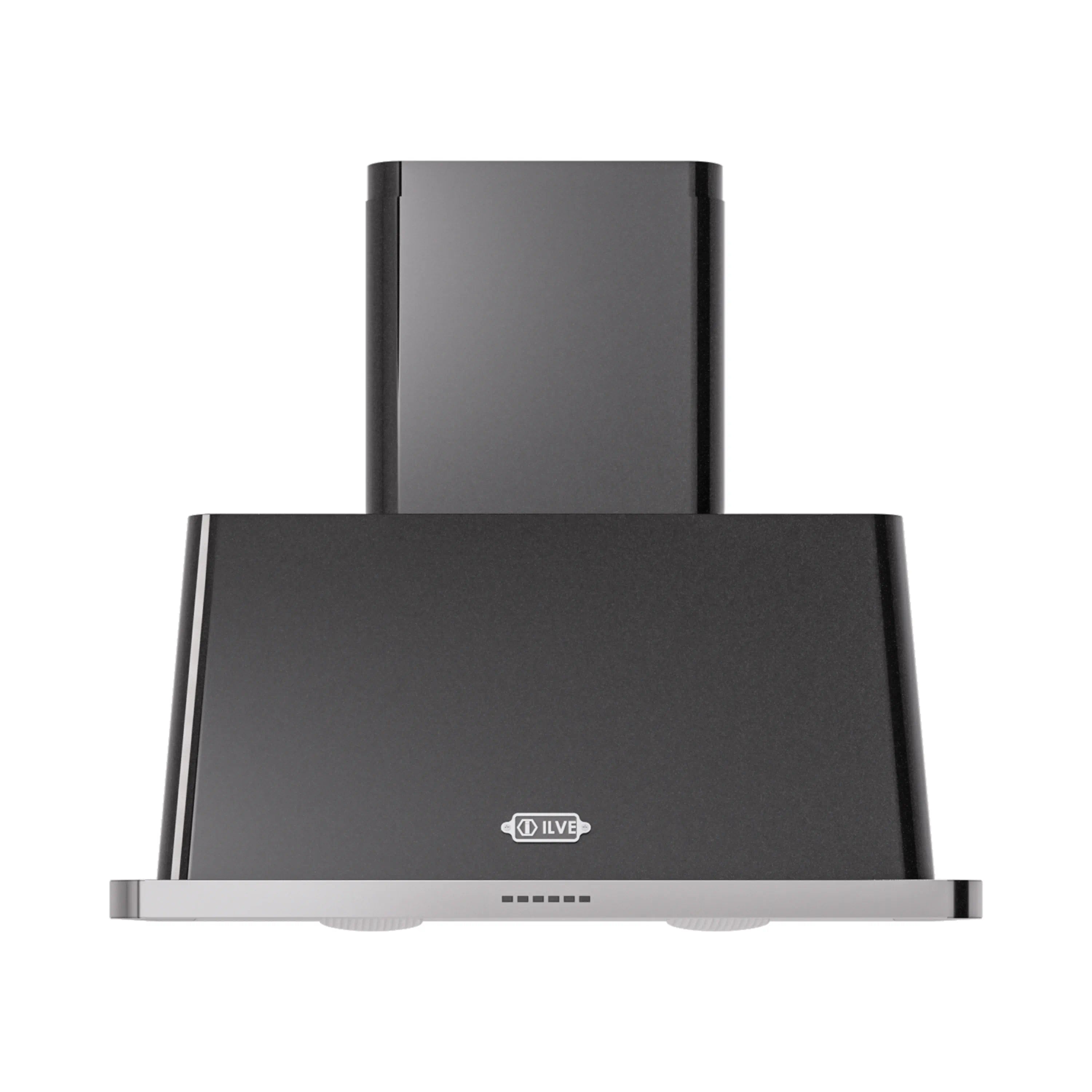 Wall-mount range hood in glossy black with front control panel and vent