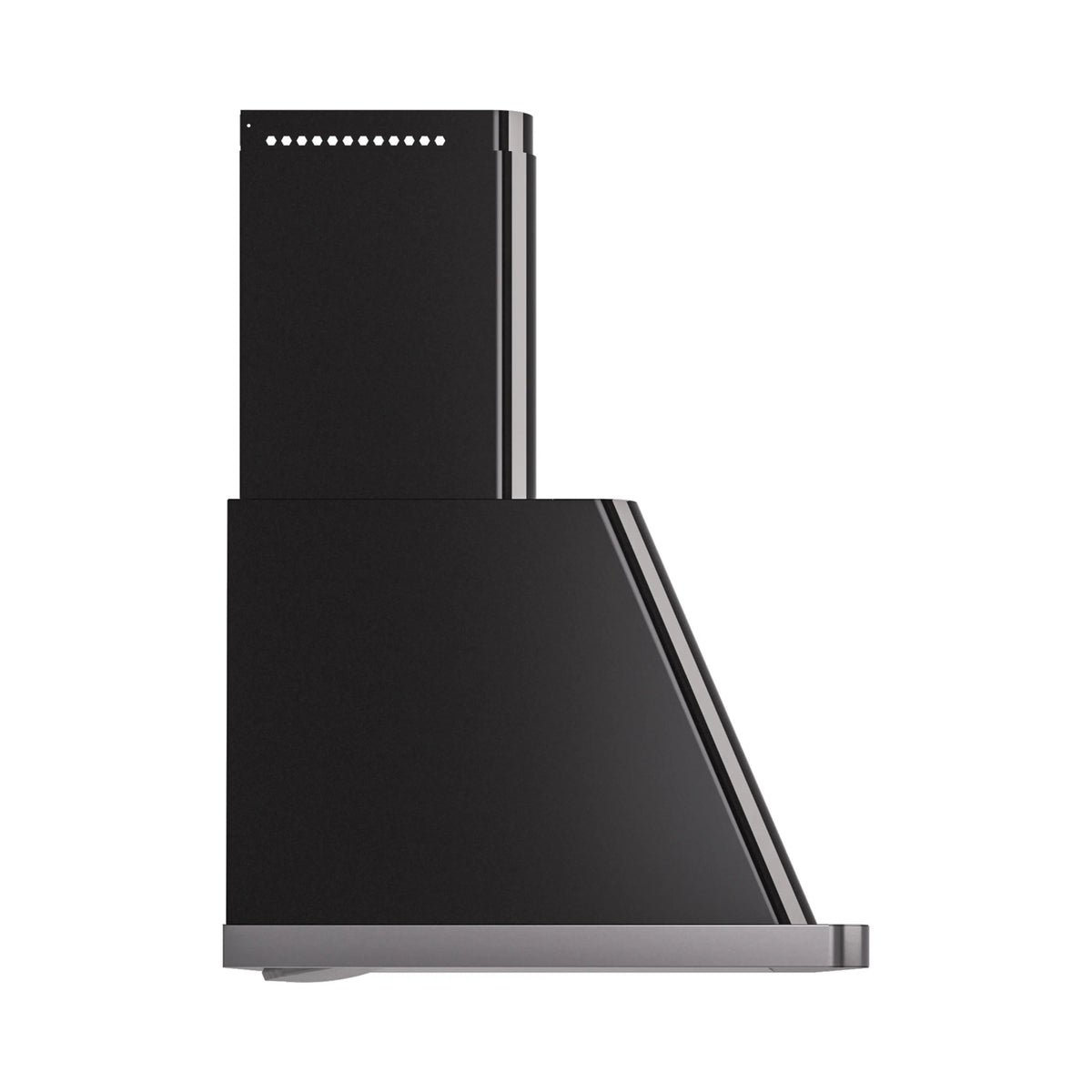 Glossy black wall-mount range hood with angled chimney and silver trim