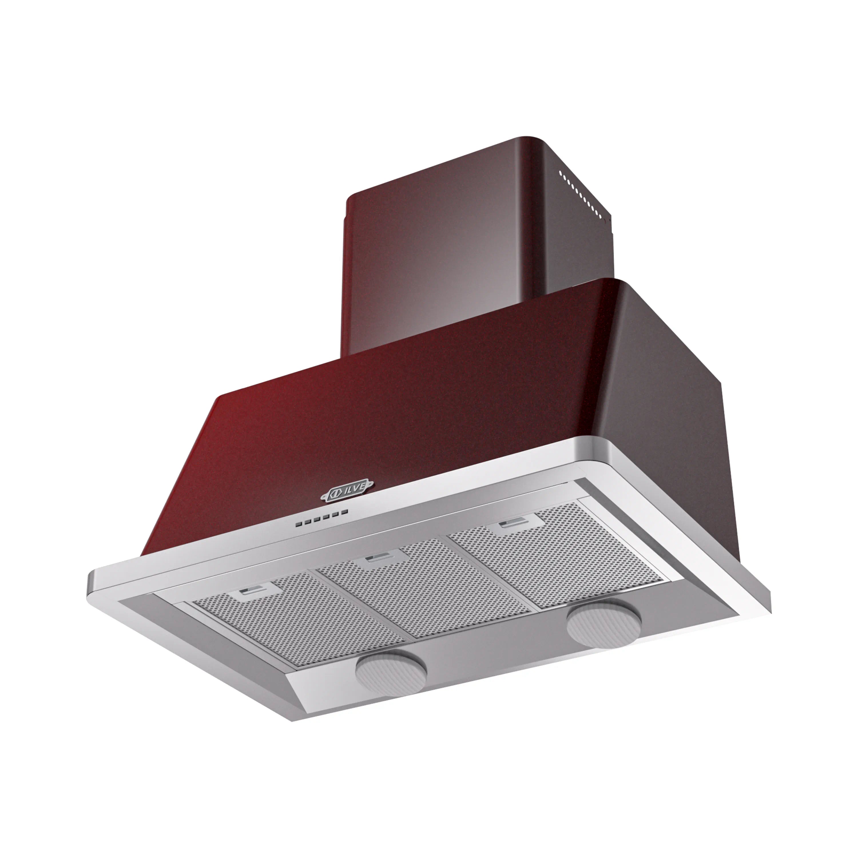 Burgundy wall-mount range hood with stainless vent panel and two mesh filters