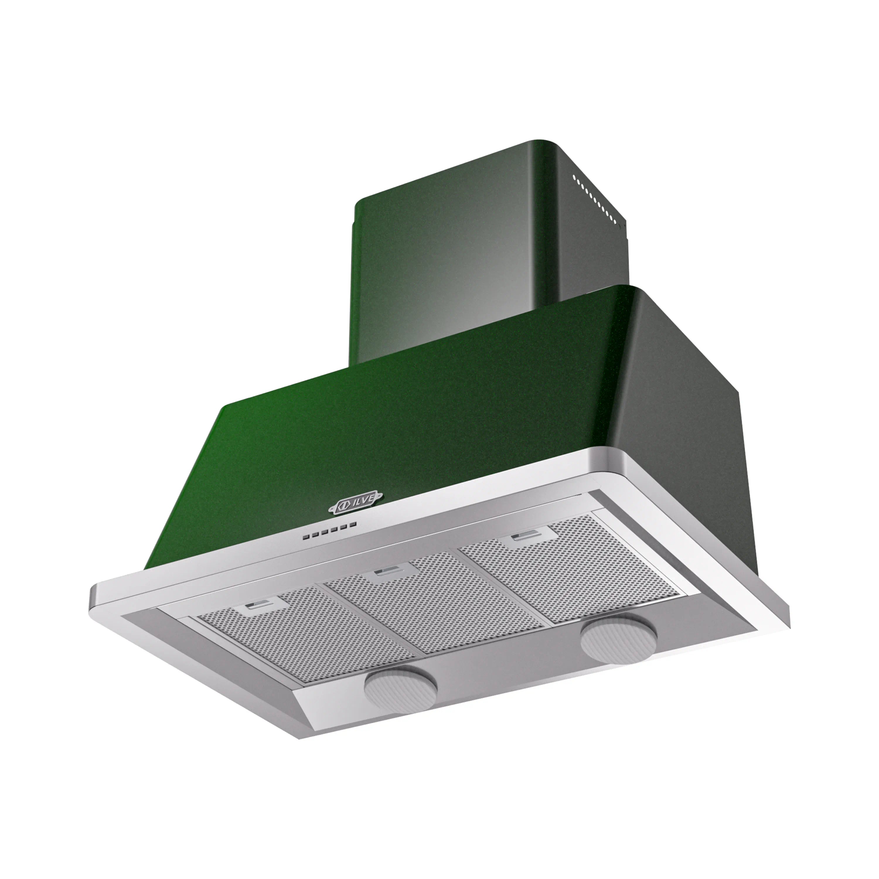 Emerald green wall-mount range hood with stainless baffle filters