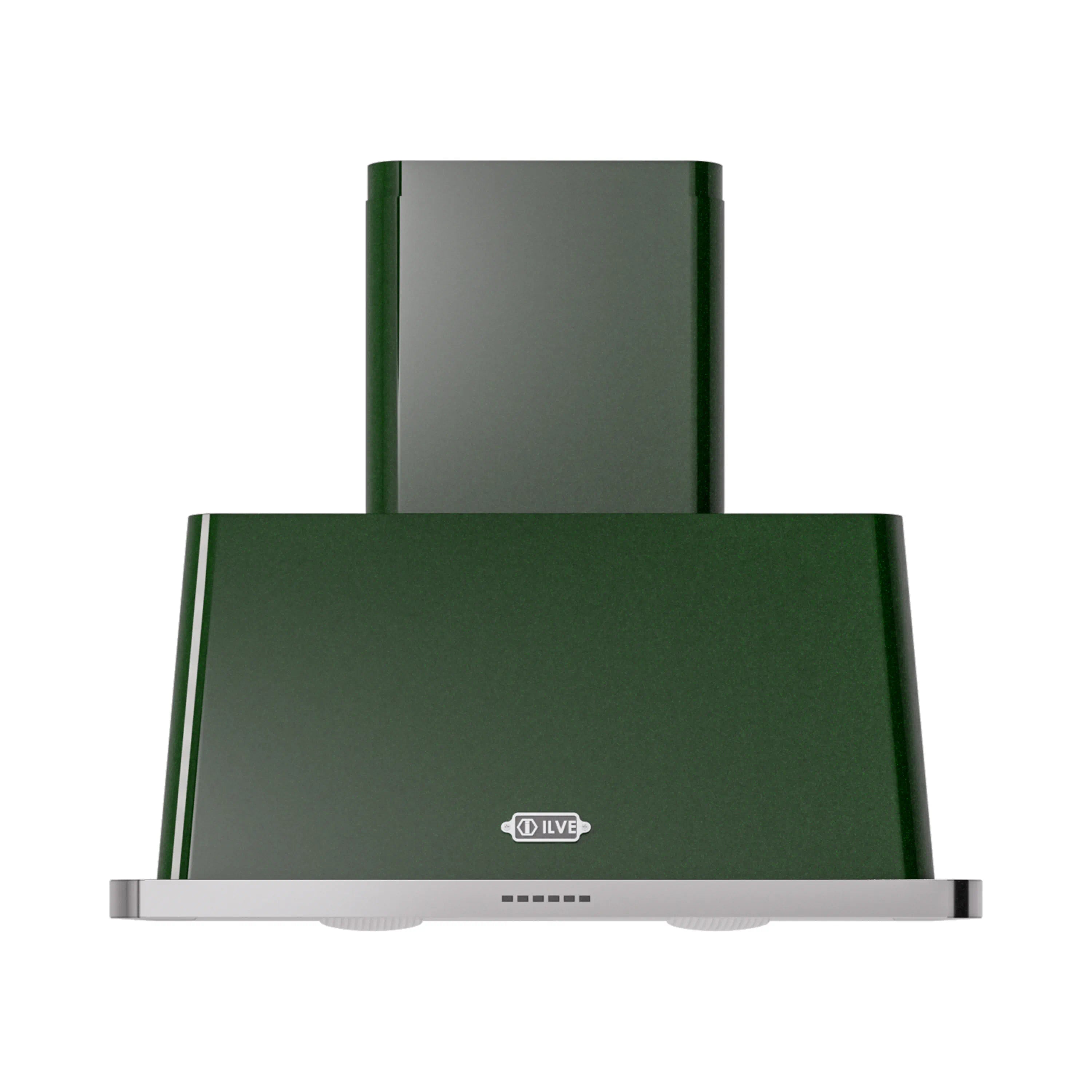 Emerald green wall-mount range hood with stainless lower panel and control strip
