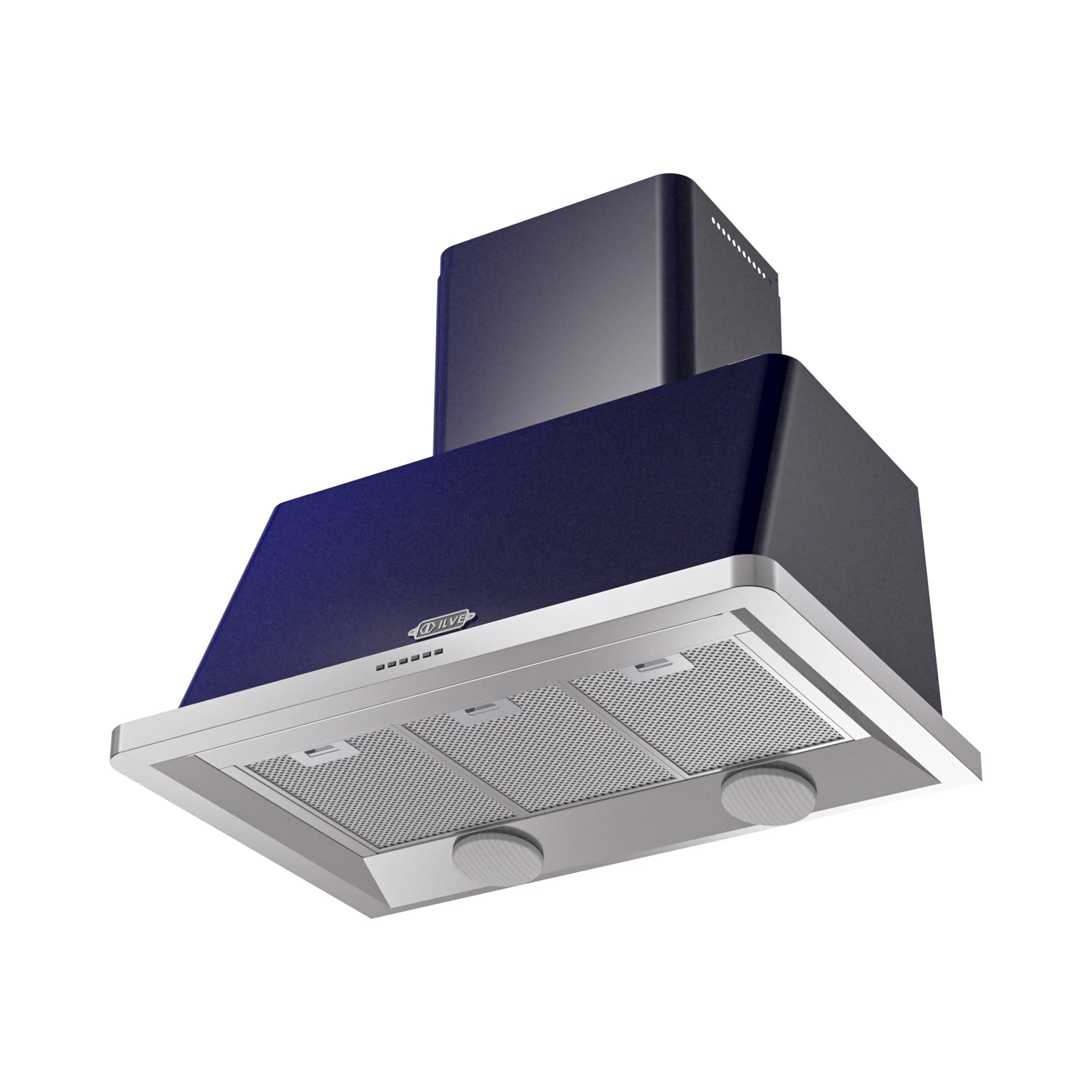 Midnight blue wall-mount range hood with stainless trim and mesh filter panels