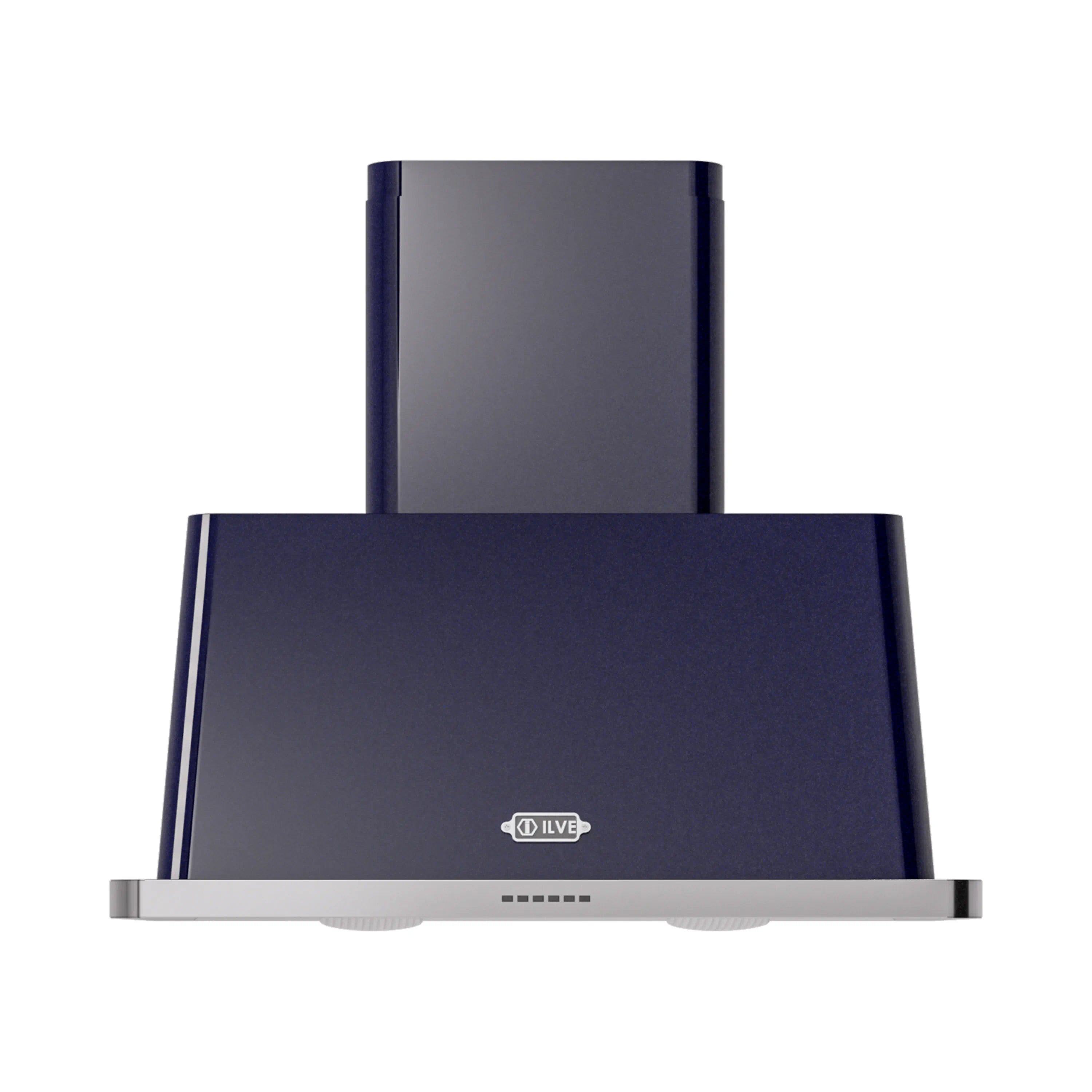 Midnight blue wall-mount range hood front view with chimney stack and control vents