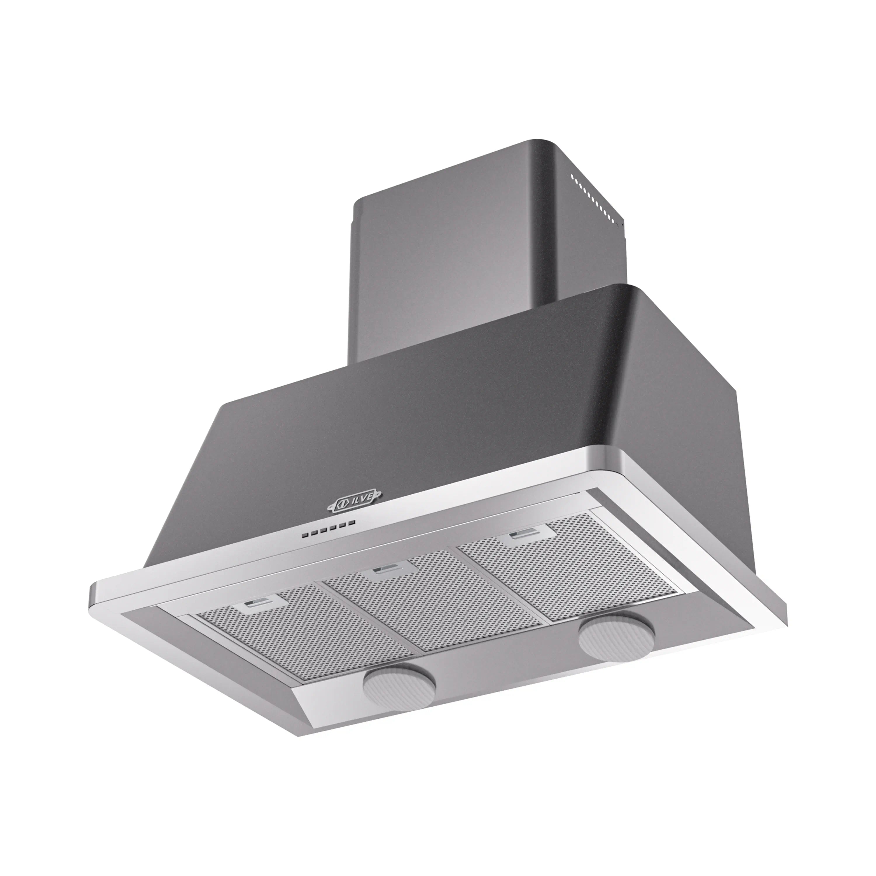 Graphite matte wall mount range hood with stainless filter panel and twin fan vents