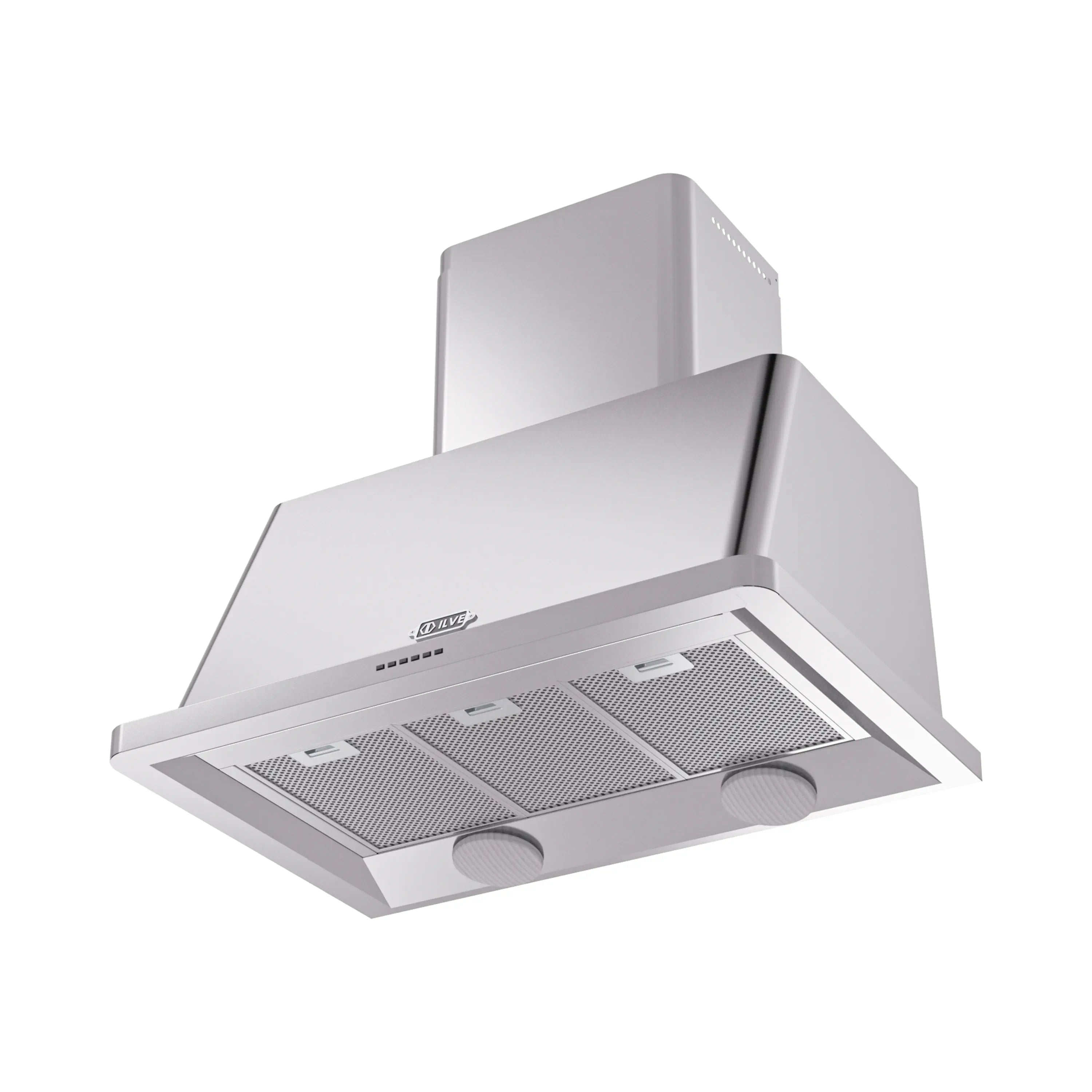 Stainless steel wall mount range hood with mesh grease filters and fan vents