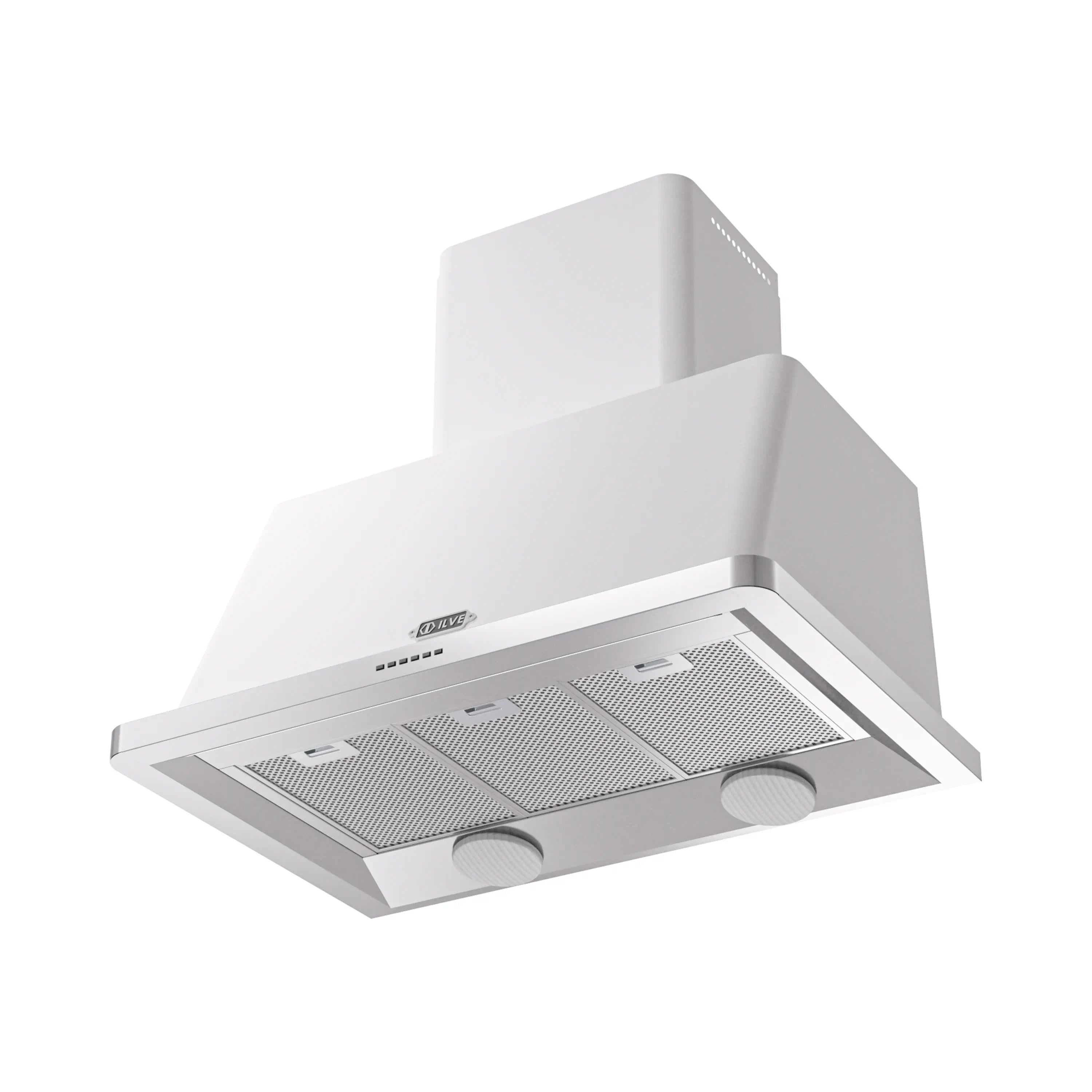 White wall-mount range hood with ILVE logo, vent filters, and stainless chimney sides