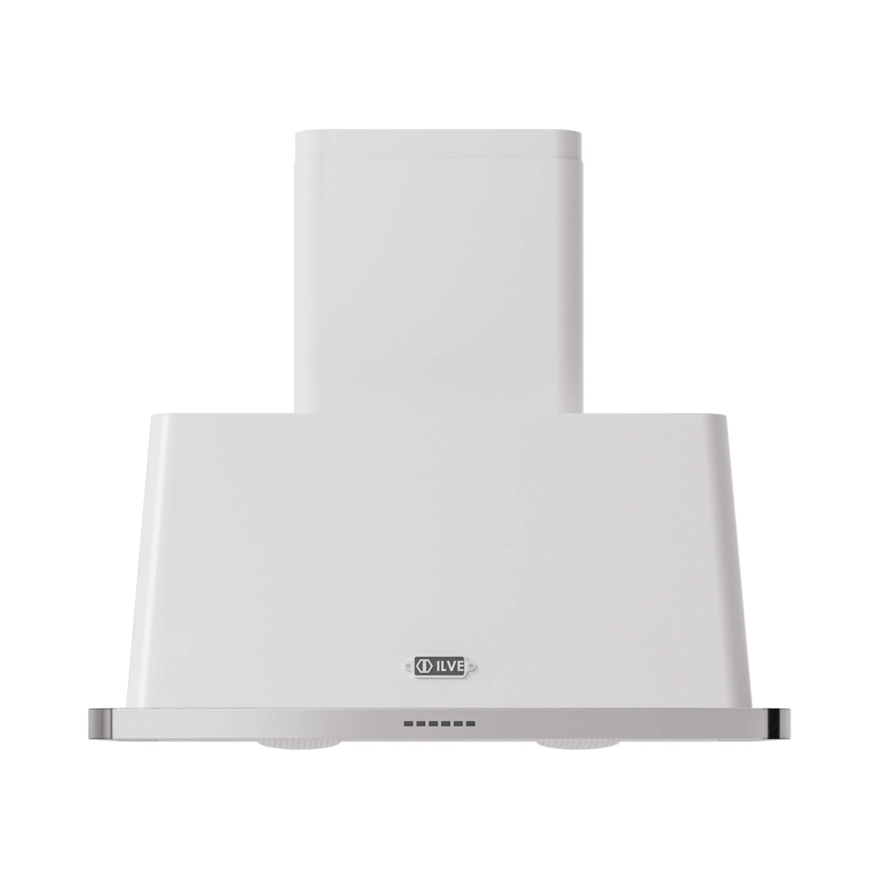 White wall-mount range hood front view with control panel and stainless trim