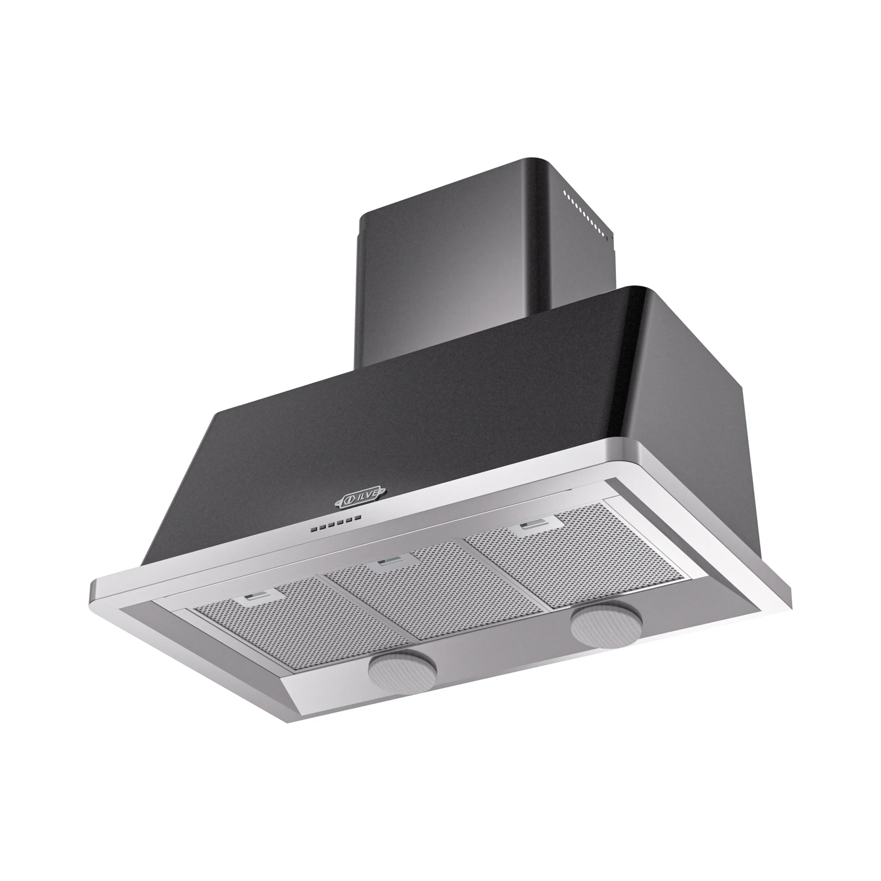 Glossy black wall-mounted range hood with vented filters and chimney canopy