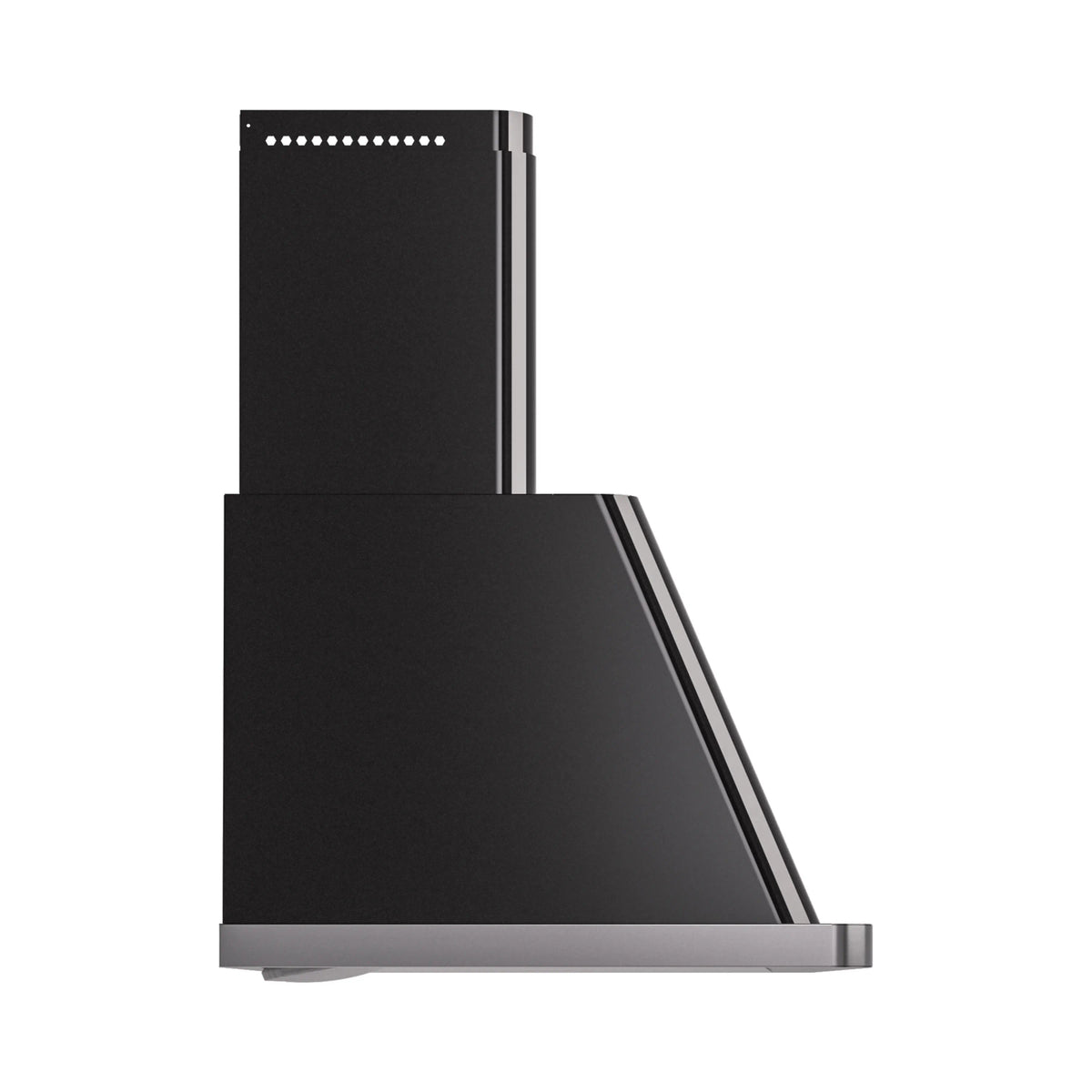 Glossy black wall-mounted range hood side view with extended chimney and trim