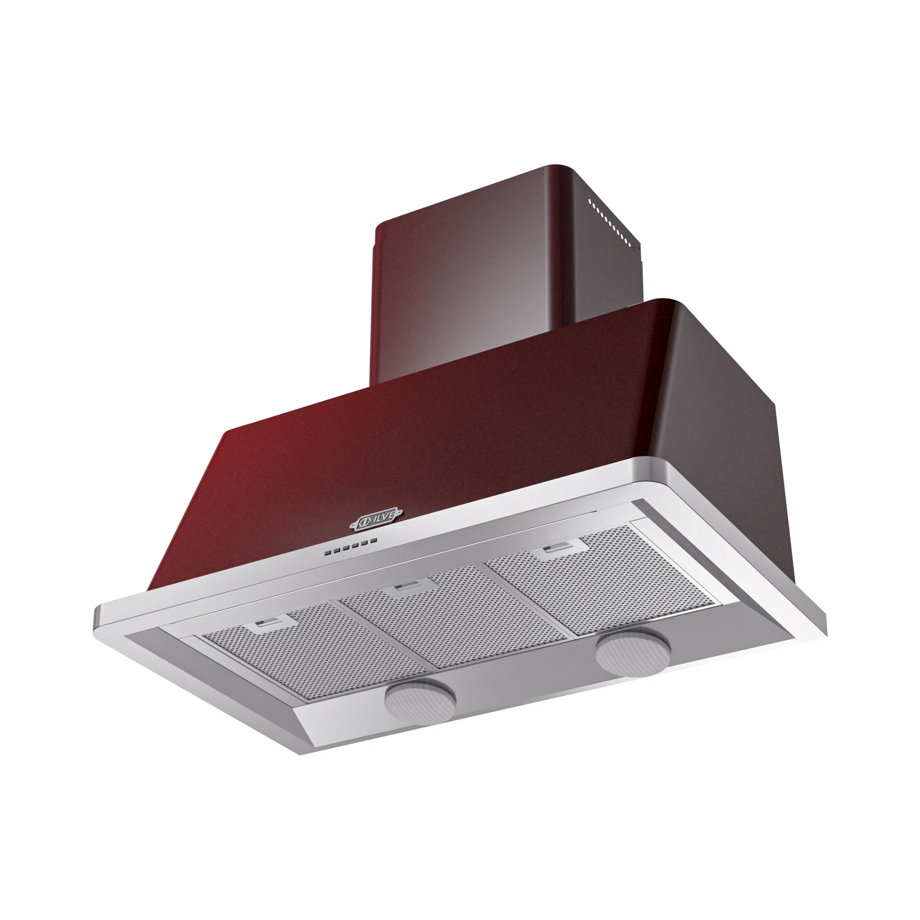 Burgundy wall-mount range hood with stainless frame and vented filter panels