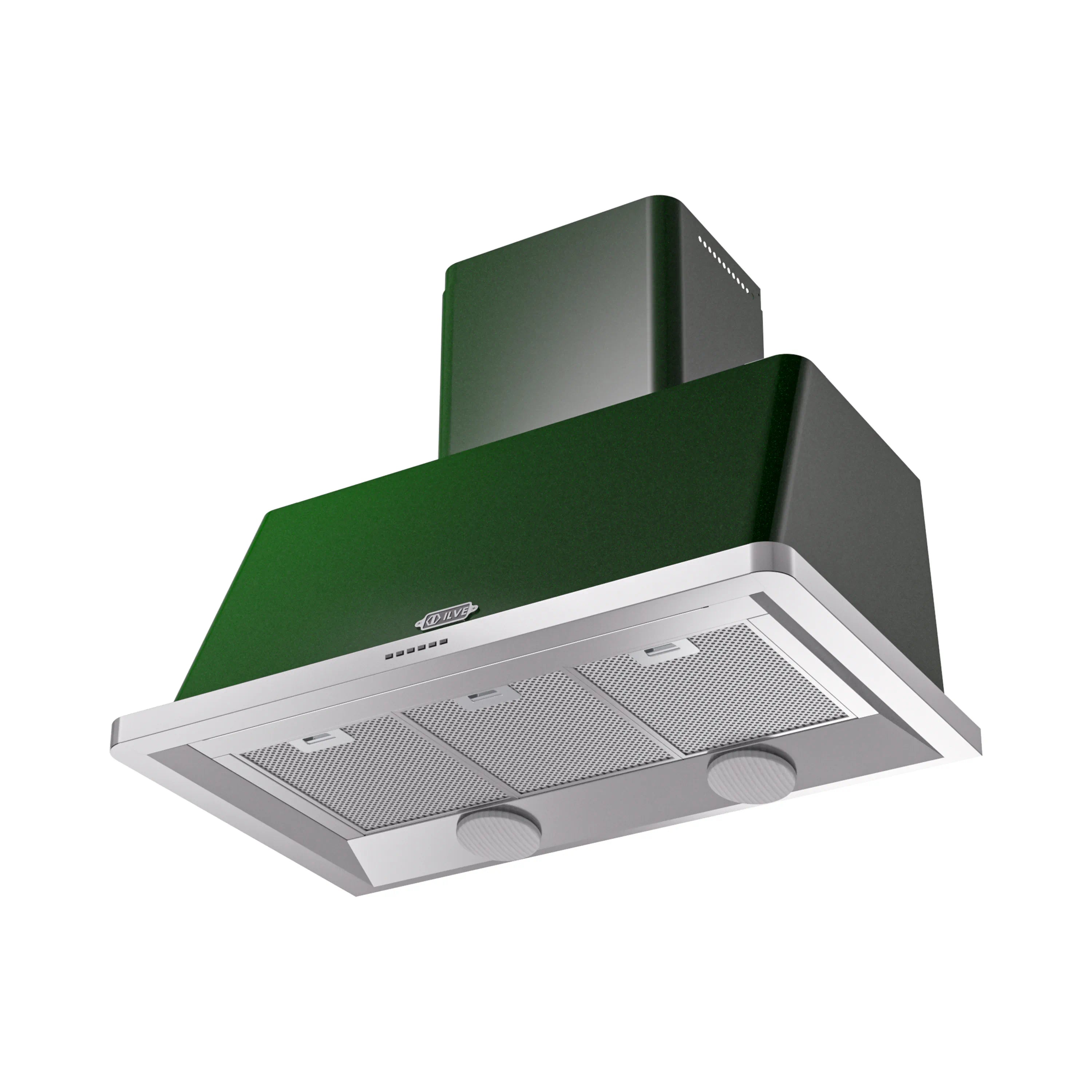 Emerald green wall mount range hood with vented filter panel and stainless canopy