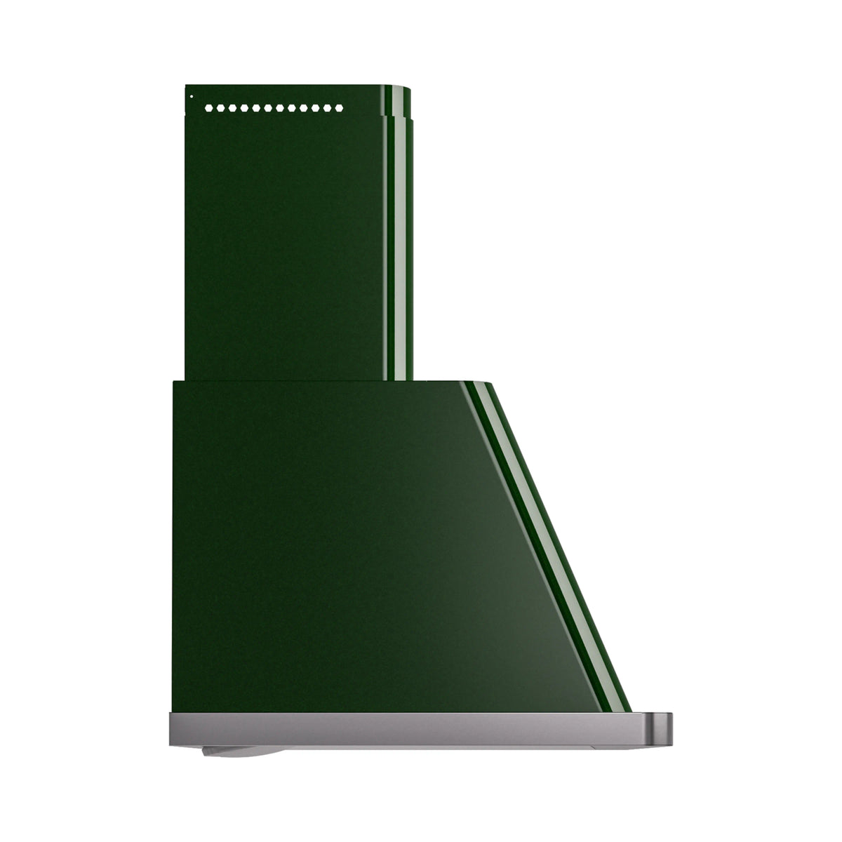 Emerald green wall mount range hood with stainless bottom trim and chimney stack
