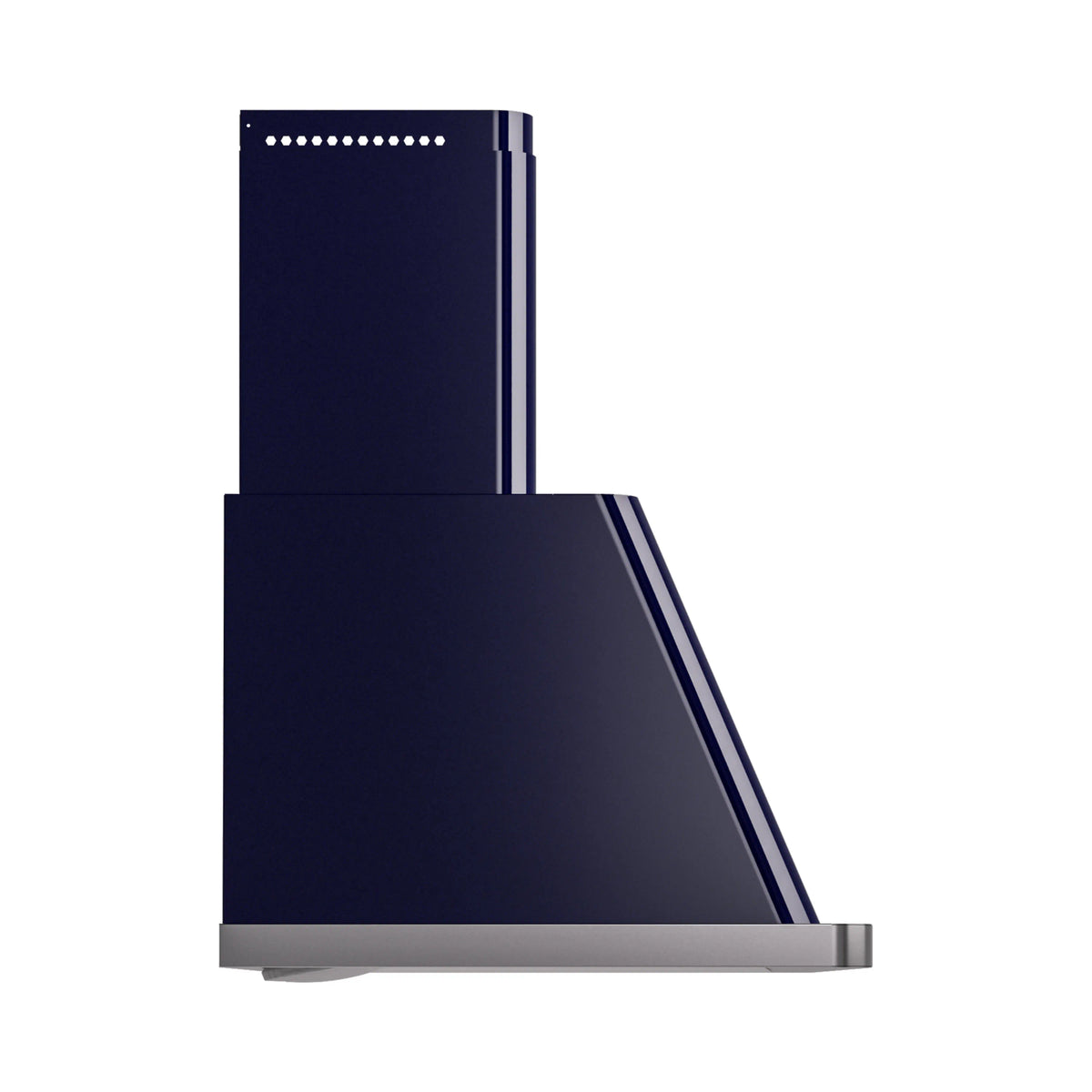 Midnight blue wall-mounted range hood with angled canopy and stainless side border
