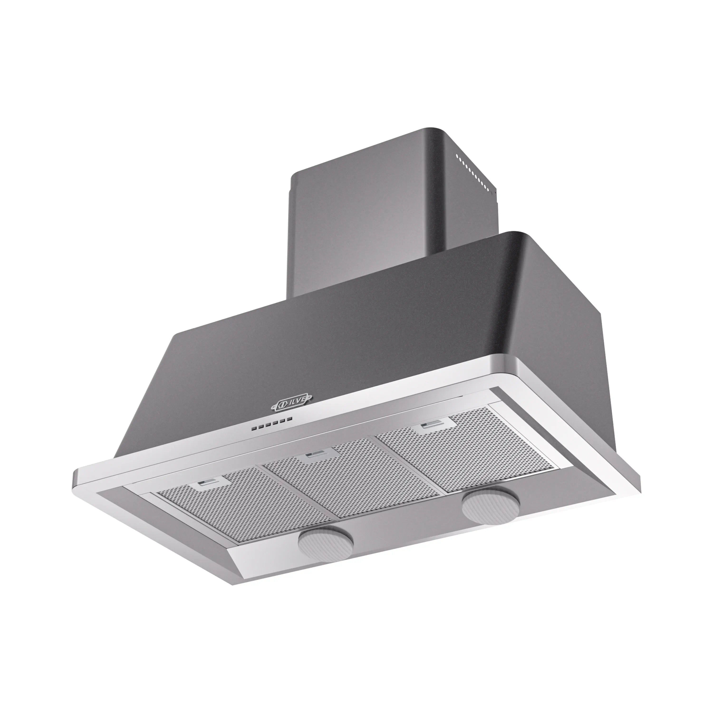 Wall mount range hood with mesh filters and stainless vent trim, matte graphite
