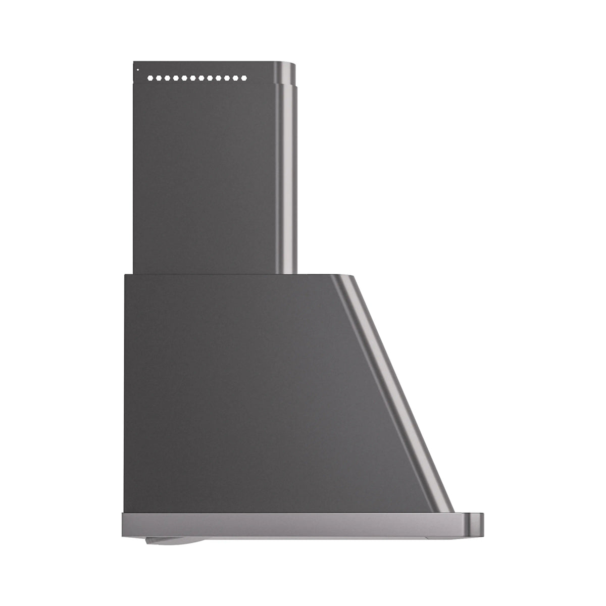 Wall mount range hood with slanted front, matte graphite body and top vent outlets